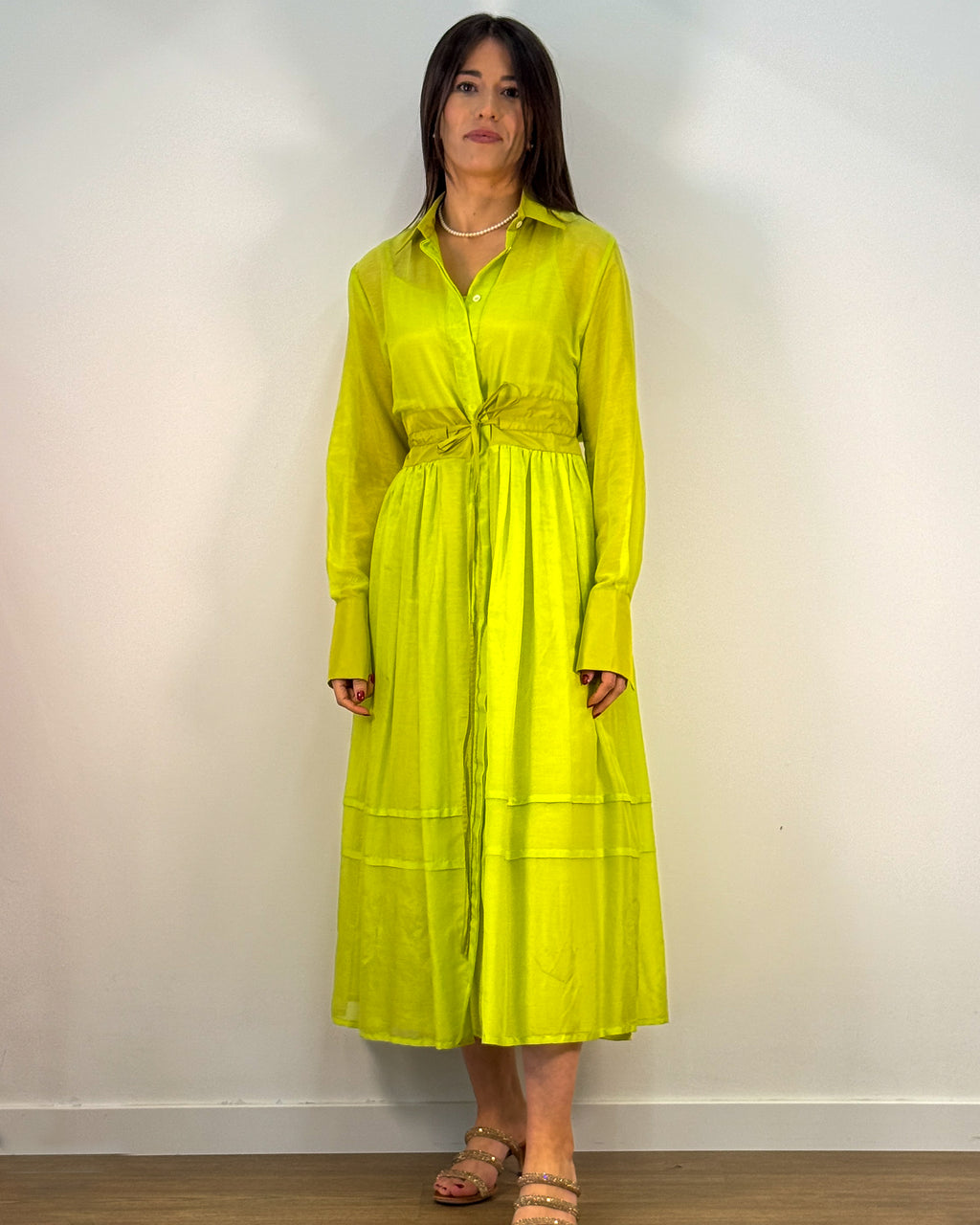 Abito Chemisier Lungo in Cotone e Seta con Cintura Annodata - Verde Lime | BEATRICE .B