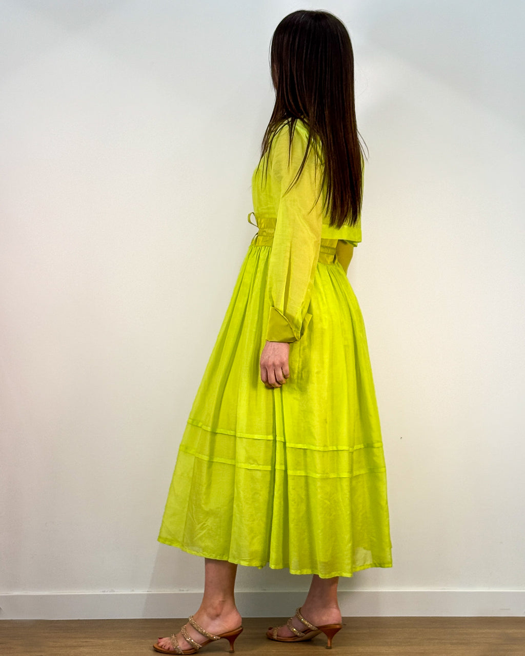 Abito Chemisier Lungo in Cotone e Seta con Cintura Annodata - Verde Lime | BEATRICE .B