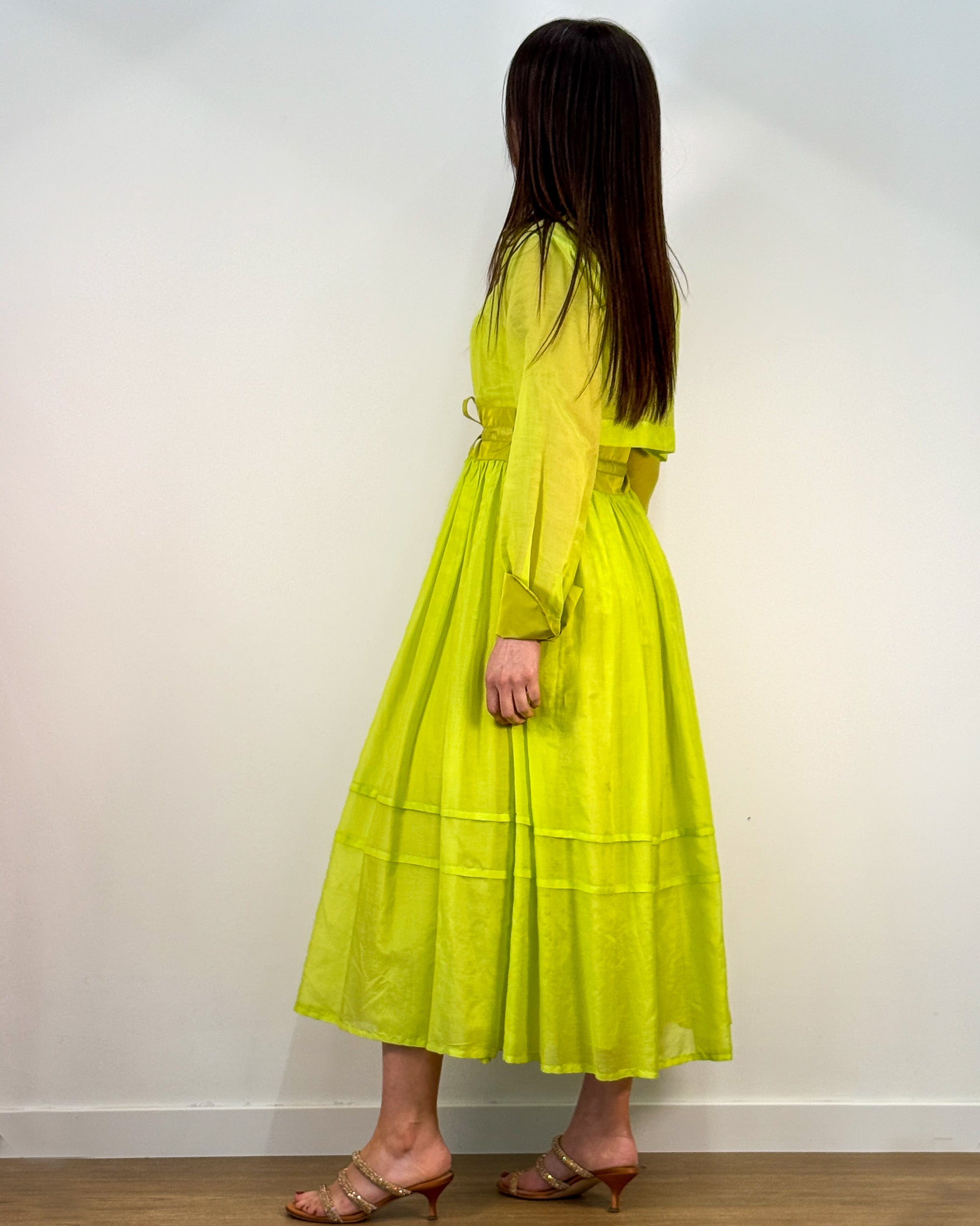 Abito Chemisier Lungo in Cotone e Seta con Cintura Annodata - Verde Lime | BEATRICE .B