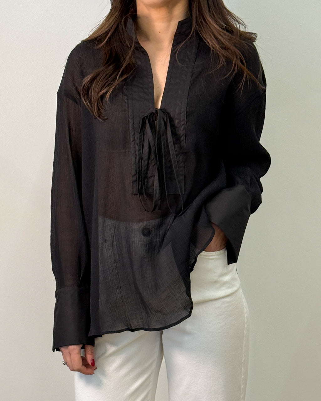 Camicia in Lyocell Semi-Trasparente con Laccetto - Nero | RAME