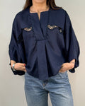 Camicia in Lino con Inserti in Pizzo e Manica a Palloncino - Blu Navy | BEATRICE B