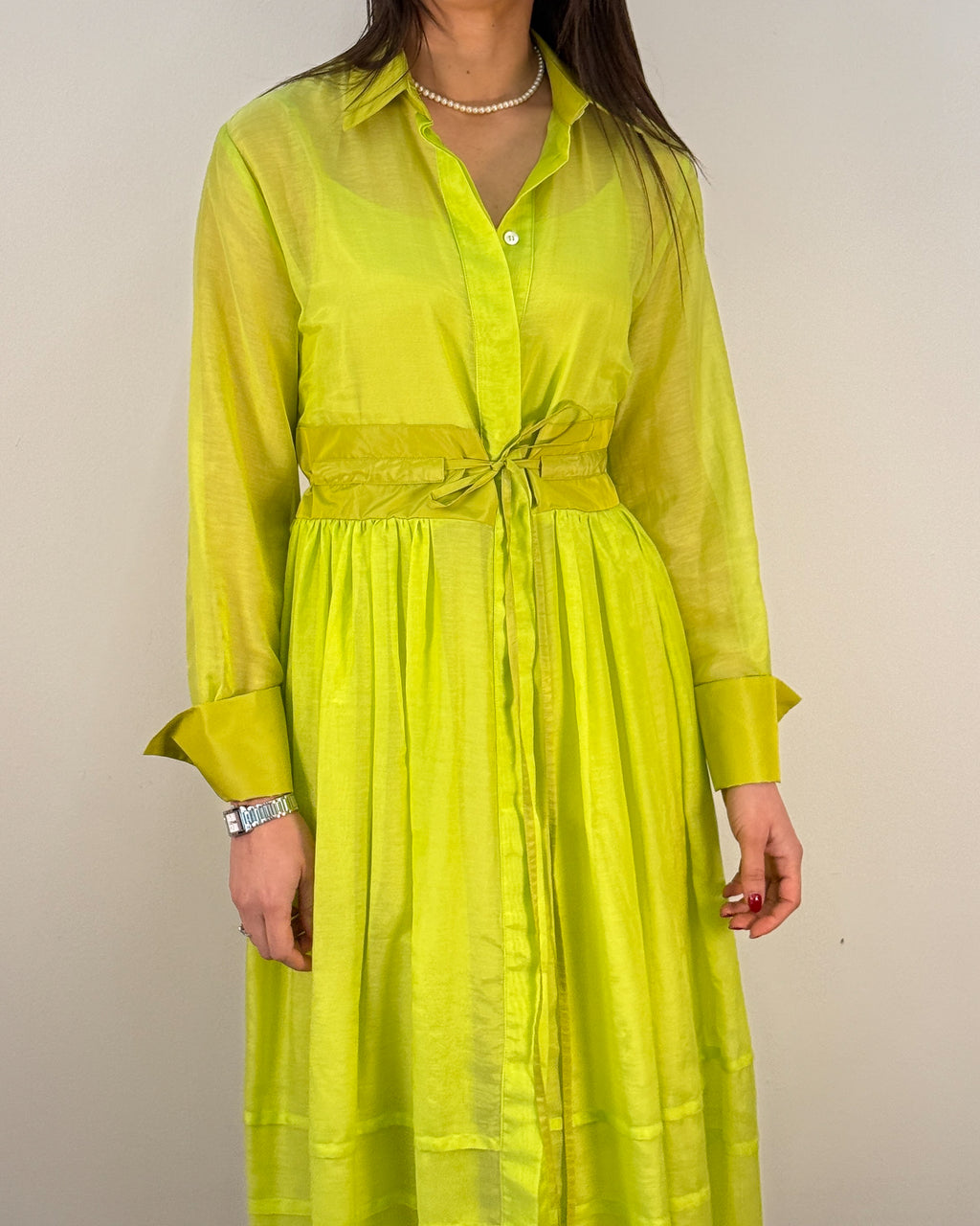 Abito Chemisier Lungo in Cotone e Seta con Cintura Annodata - Verde Lime | BEATRICE .B