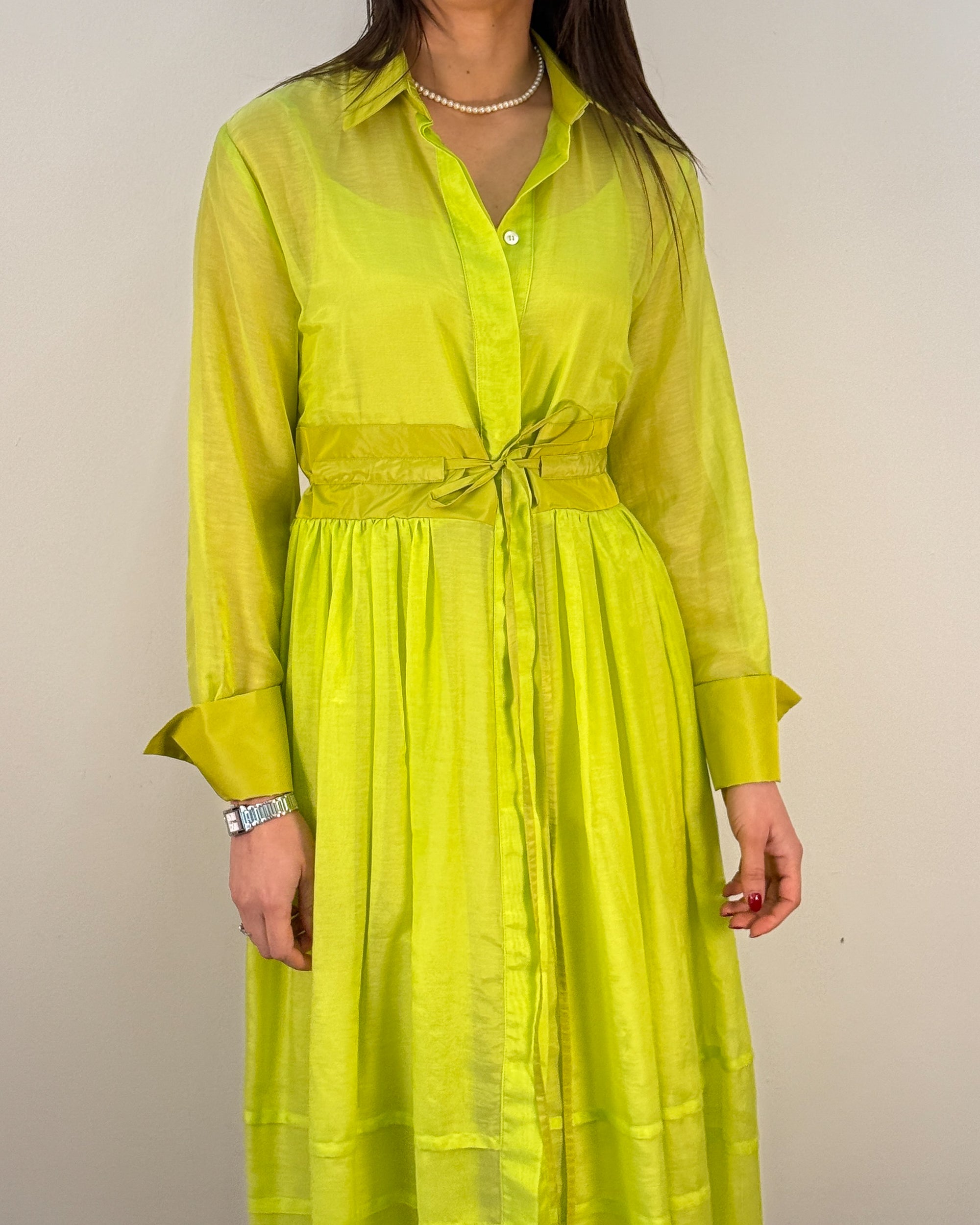 Abito Chemisier Lungo in Cotone e Seta con Cintura Annodata - Verde Lime | BEATRICE .B