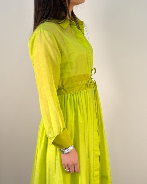 Abito Chemisier Lungo in Cotone e Seta con Cintura Annodata - Verde Lime | BEATRICE .B