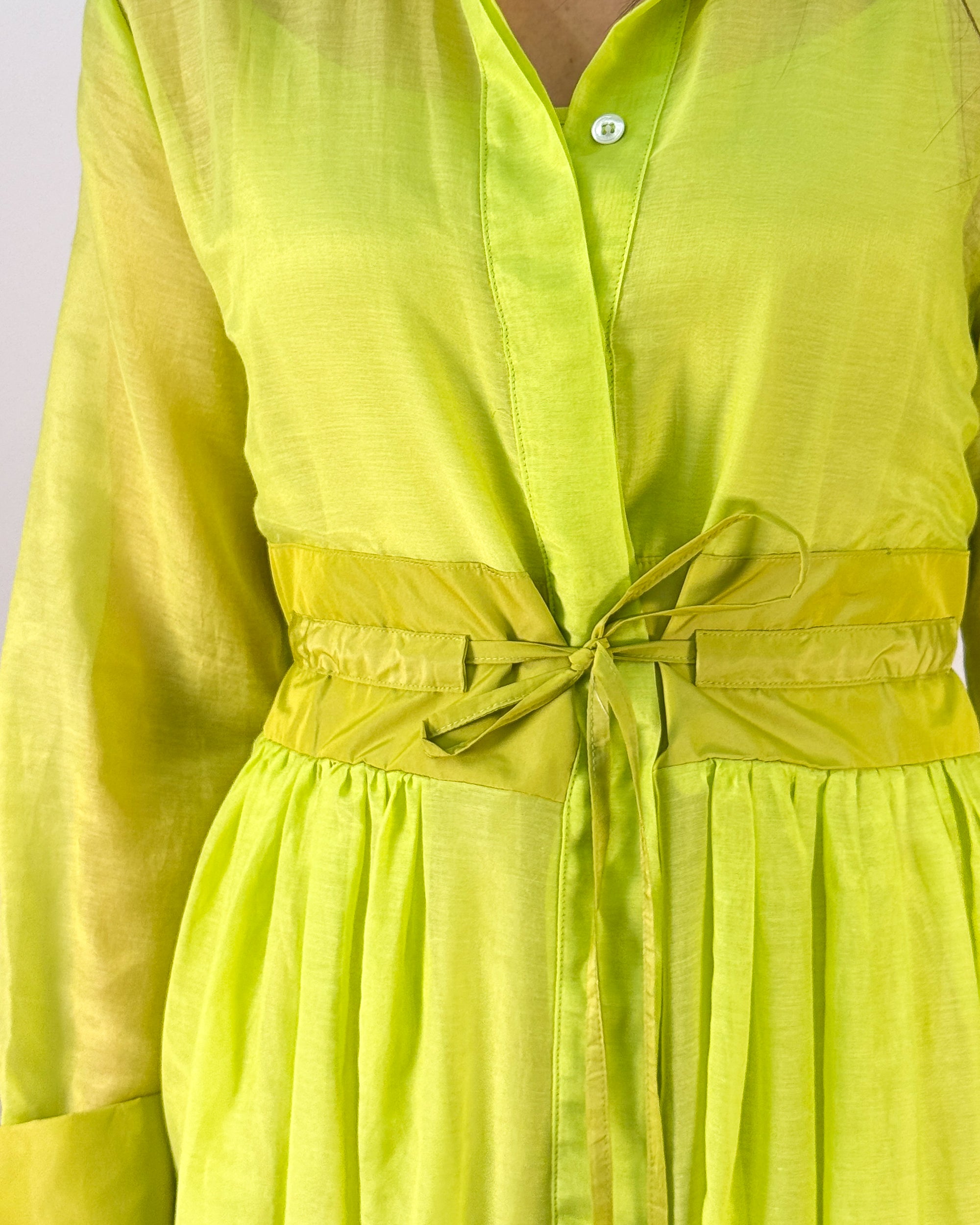 Abito Chemisier Lungo in Cotone e Seta con Cintura Annodata - Verde Lime | BEATRICE .B