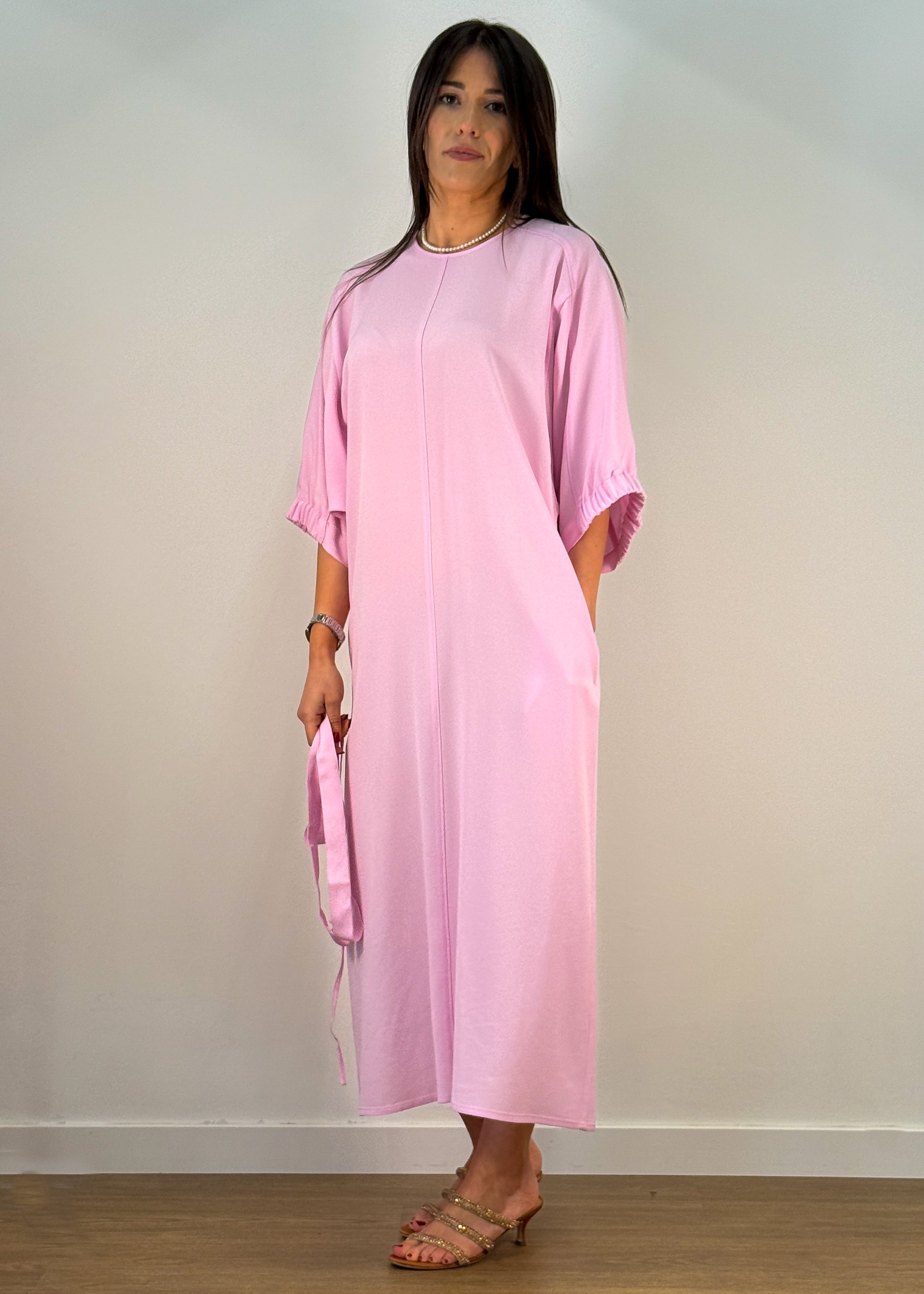 Abito Midi Misto Viscosa con Manica a Palloncino e Cintura - Rosa | BEATRICE .B