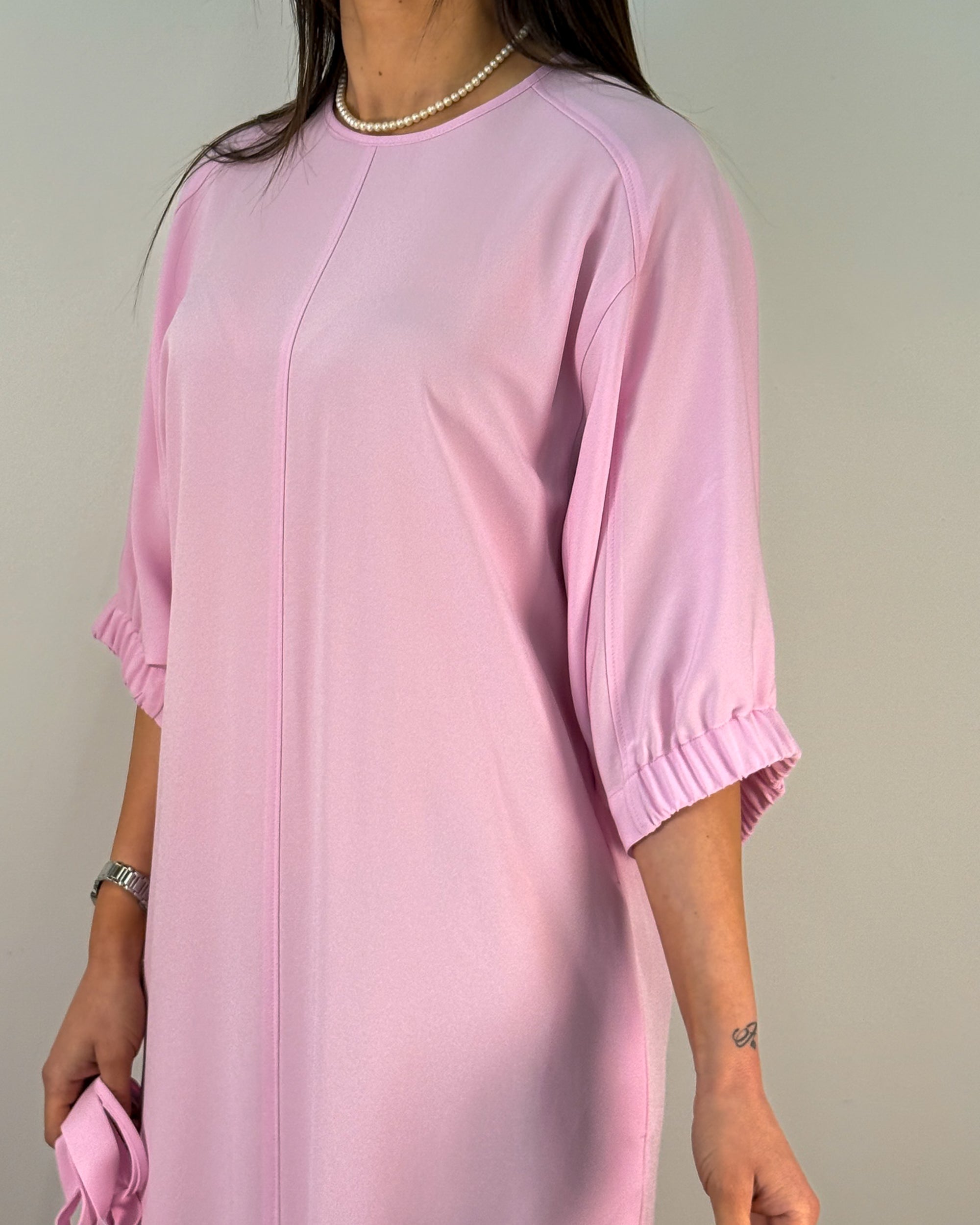 Abito Midi Misto Viscosa con Manica a Palloncino e Cintura - Rosa | BEATRICE .B