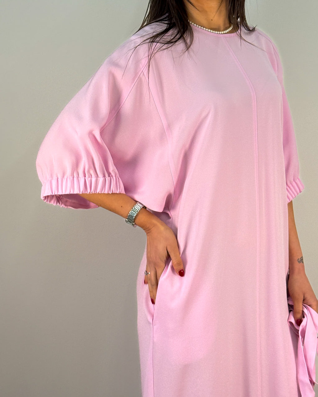 Abito Midi Misto Viscosa con Manica a Palloncino e Cintura - Rosa | BEATRICE .B