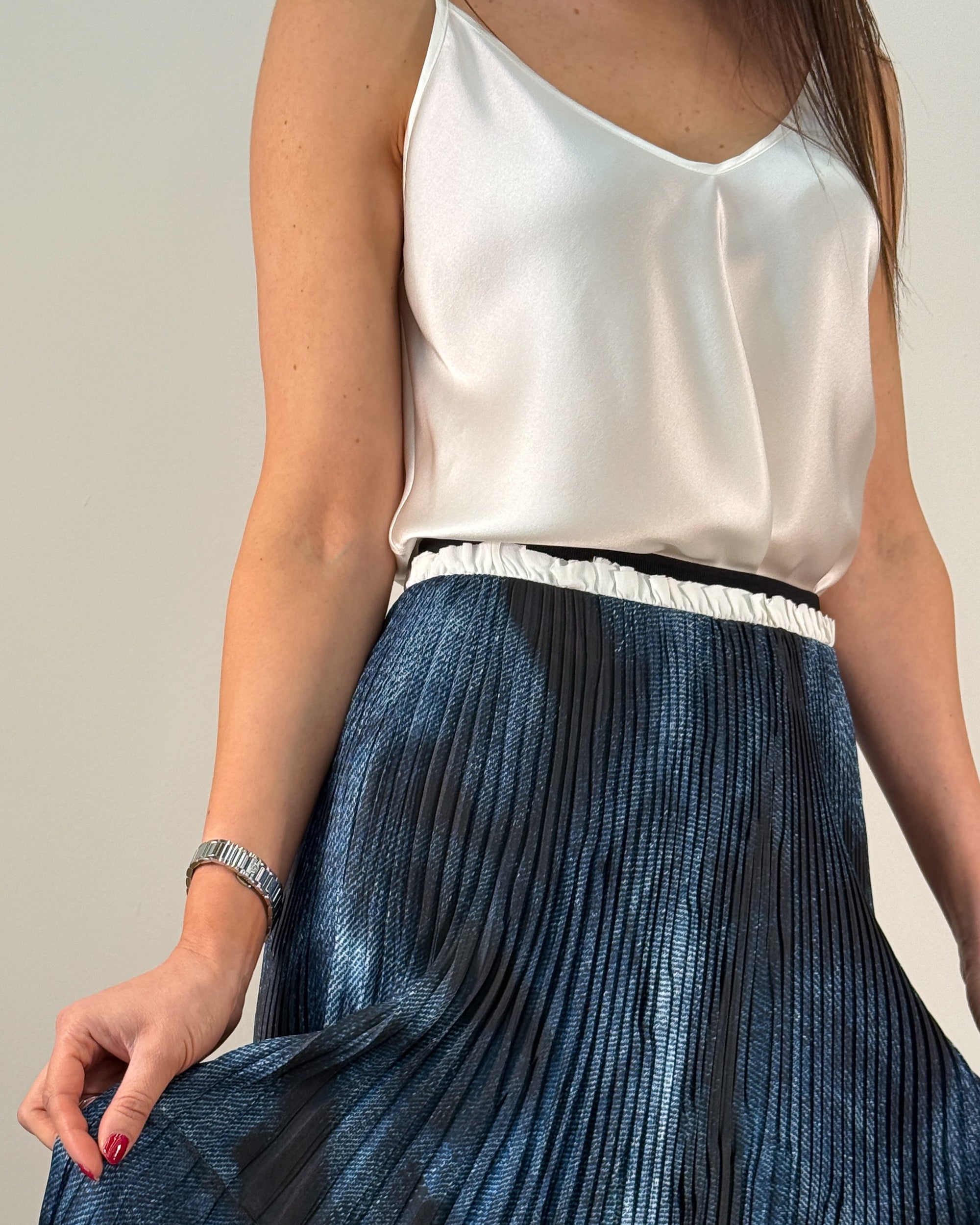 Gonna Midi Plissettata con Stampa Blu Navy | MEIMEIJ