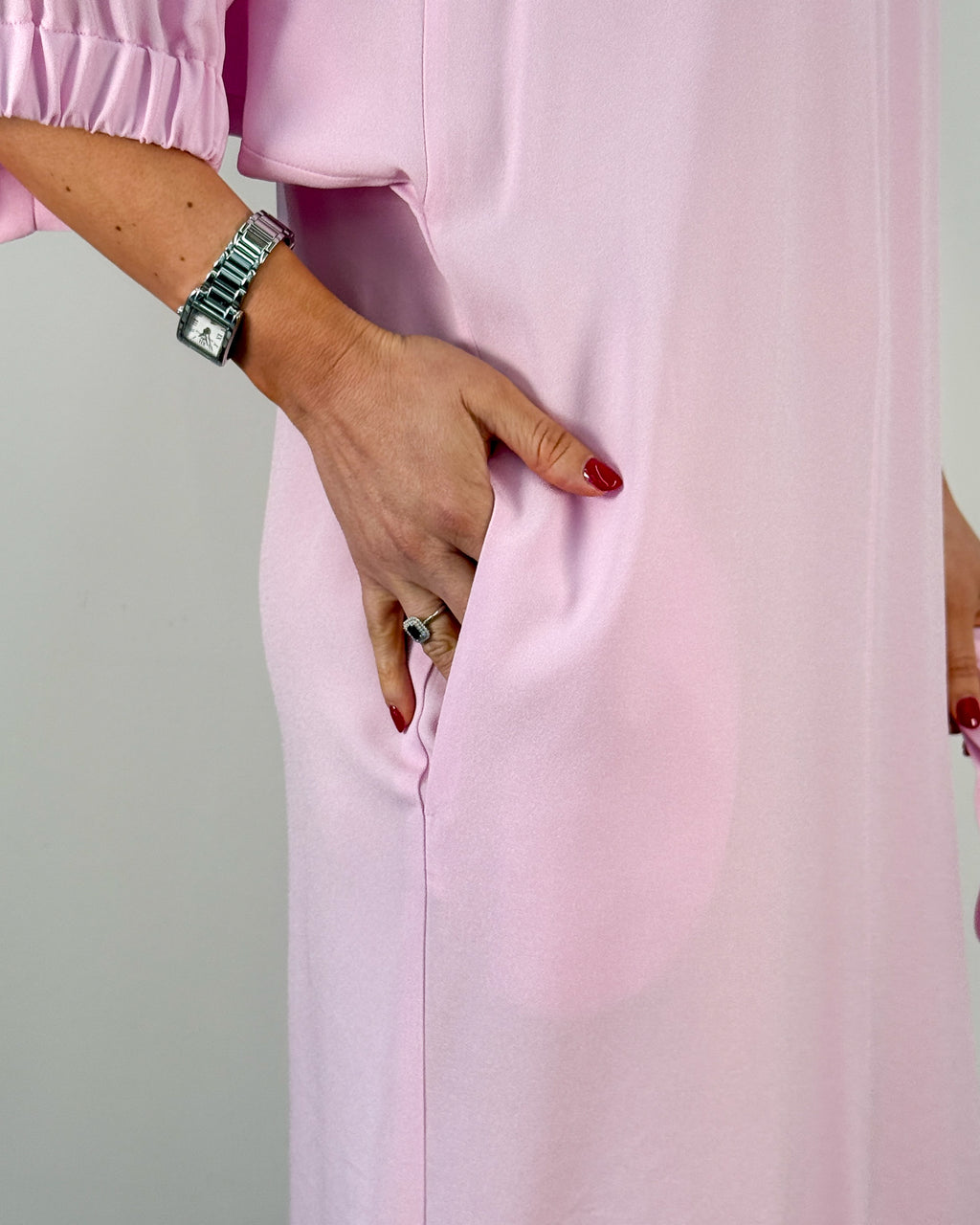 Abito Midi Misto Viscosa con Manica a Palloncino e Cintura - Rosa | BEATRICE .B