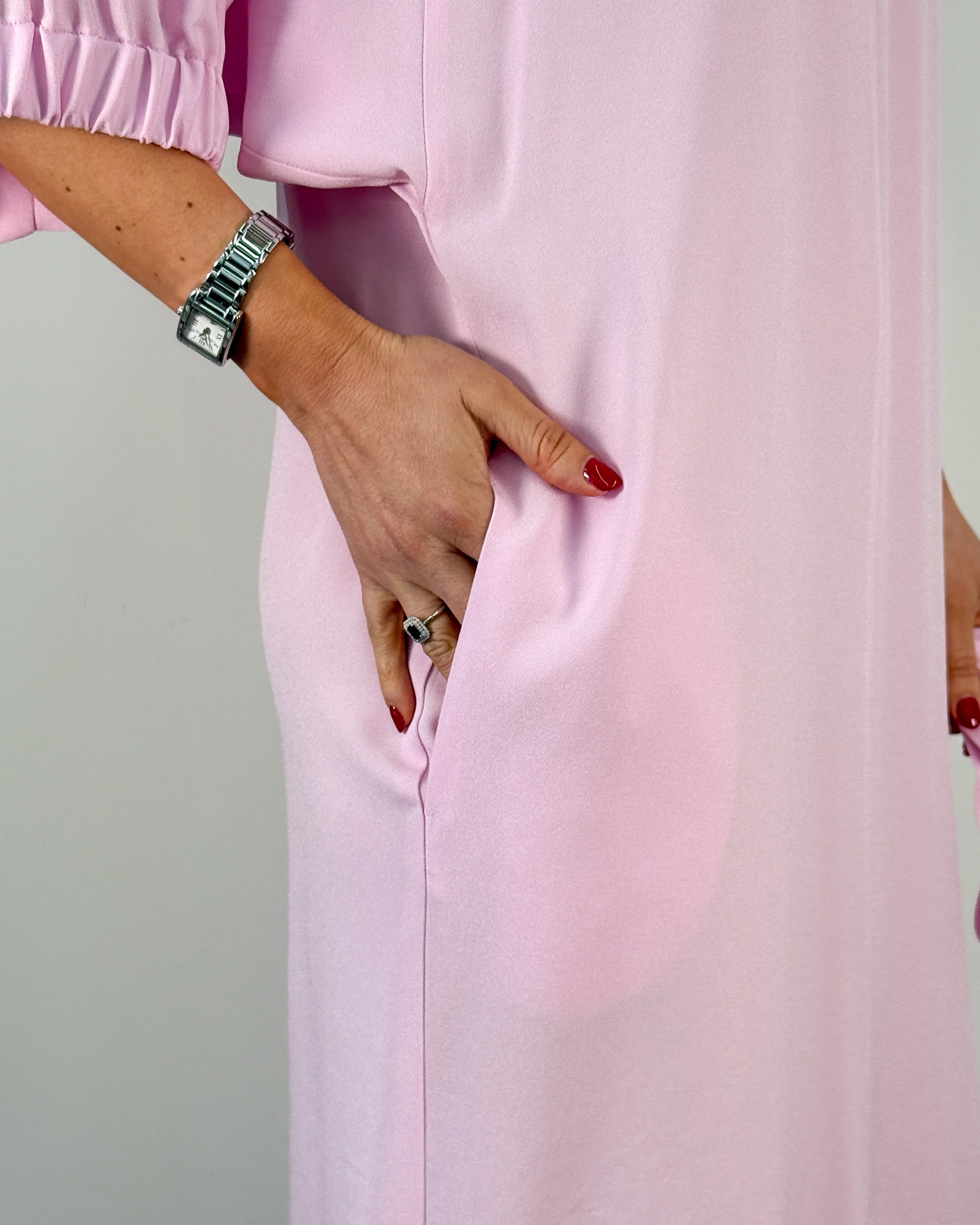 Abito Midi Misto Viscosa con Manica a Palloncino e Cintura - Rosa | BEATRICE .B
