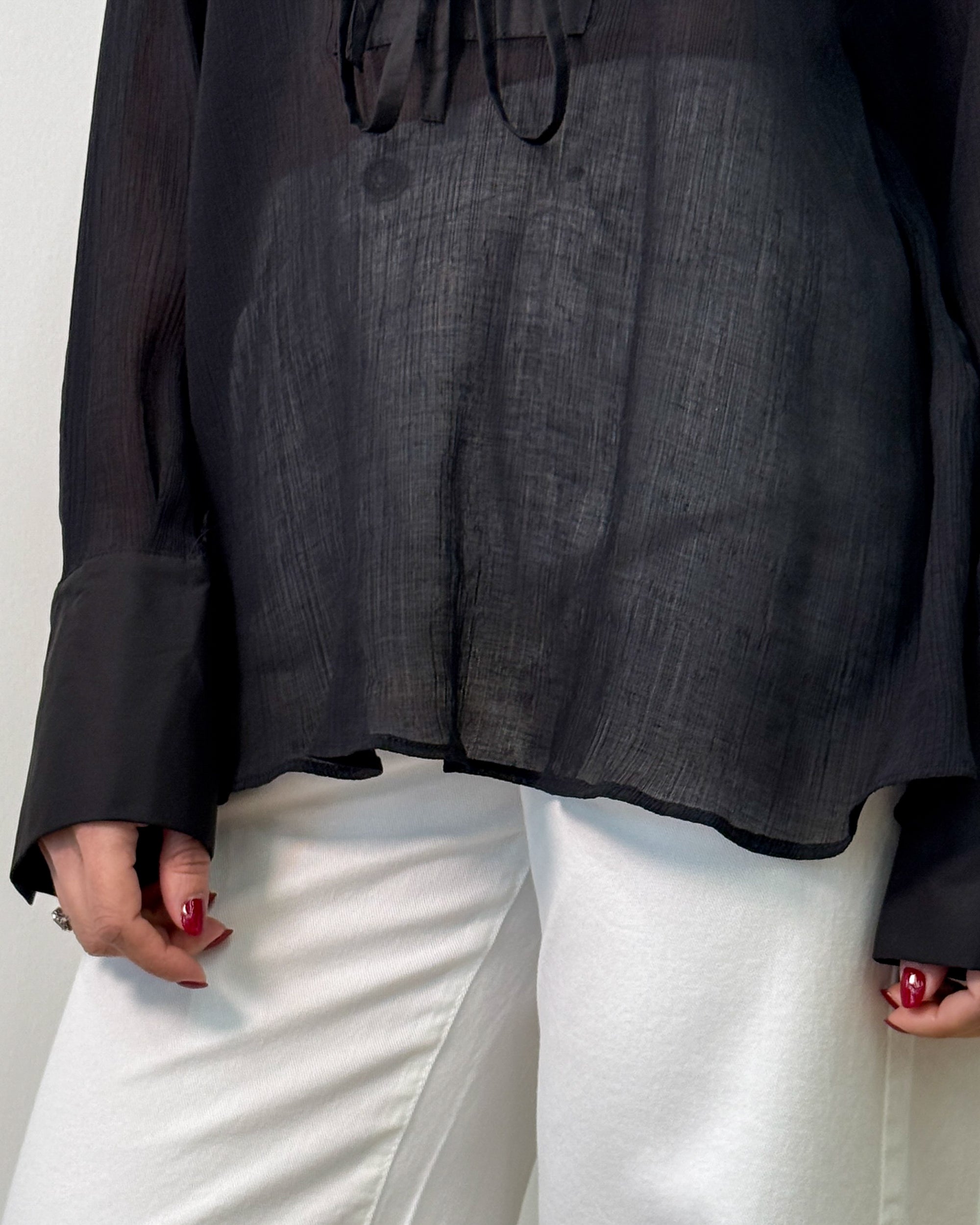 Camicia in Lyocell Semi-Trasparente con Laccetto - Nero | RAME