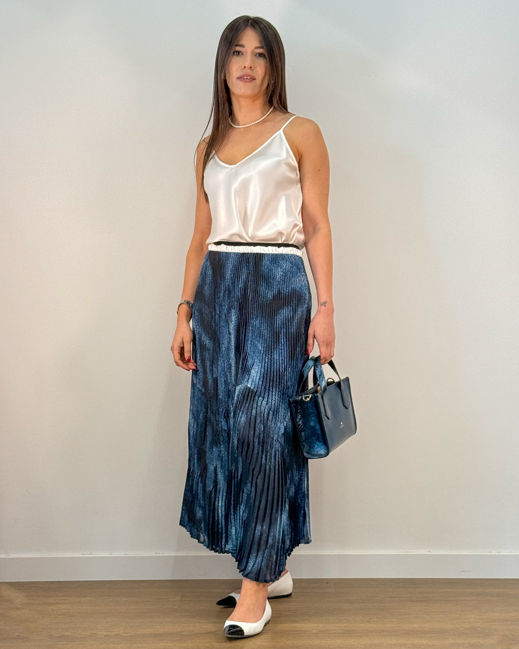 Gonna Midi Plissettata con Stampa Blu Navy | MEIMEIJ