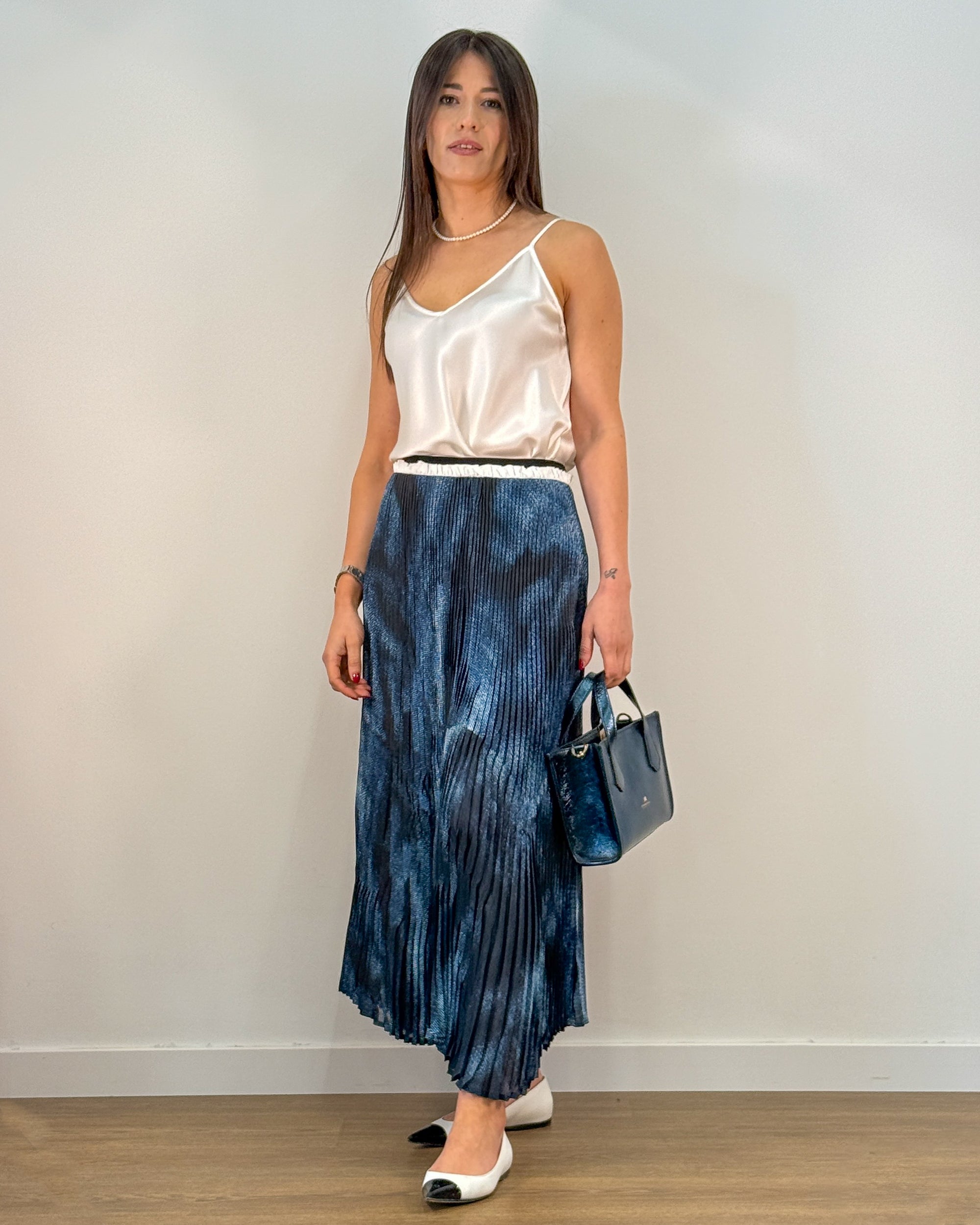 Gonna Midi Plissettata con Stampa Blu Navy | MEIMEIJ