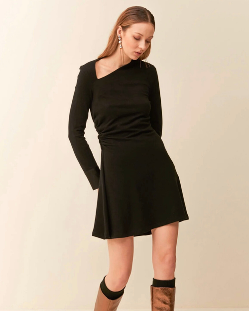 Abito Corto Asimmetrico con Polsini in Raso - Nero - Gold Boutique