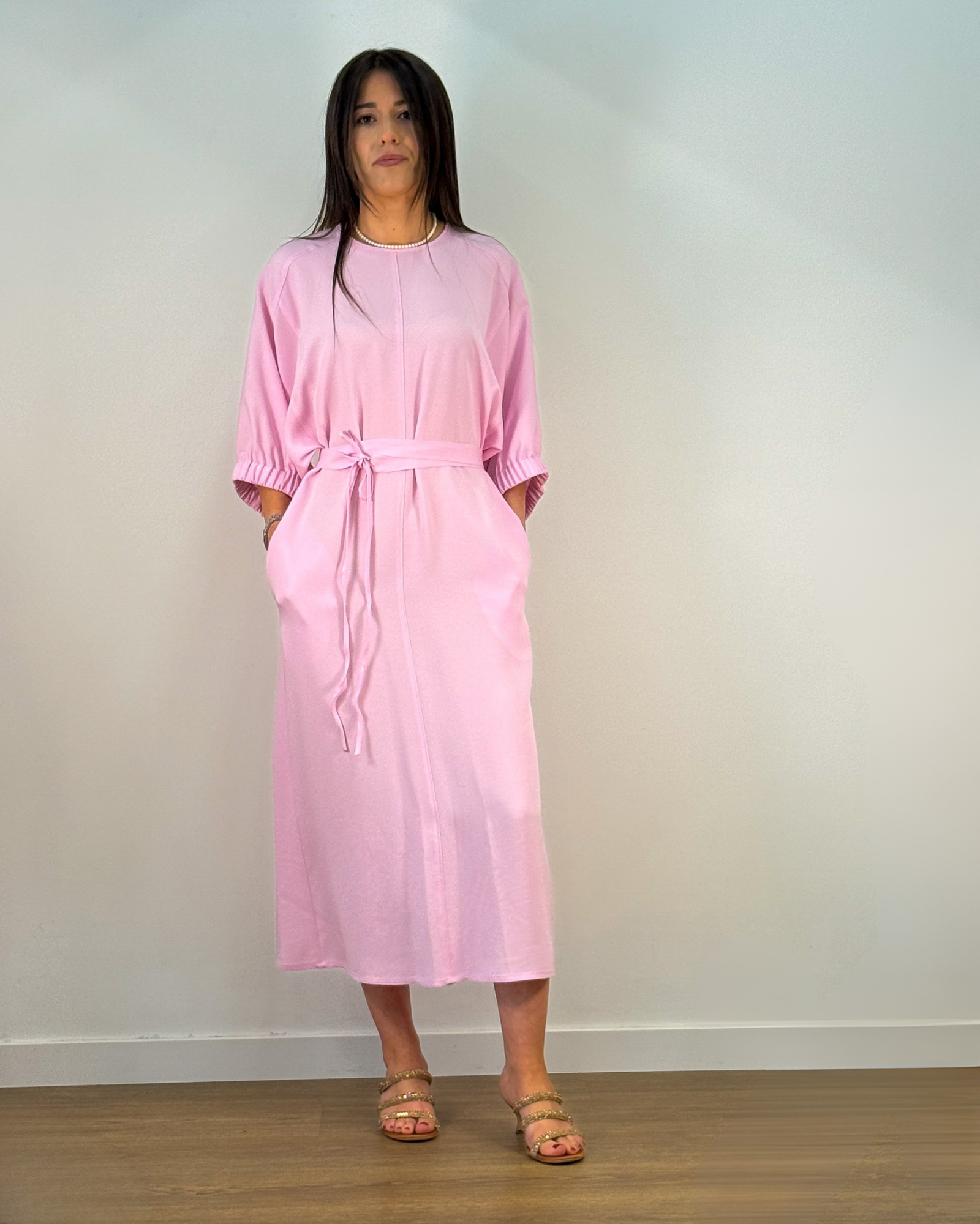Abito Midi Misto Viscosa con Manica a Palloncino e Cintura - Rosa | BEATRICE .B