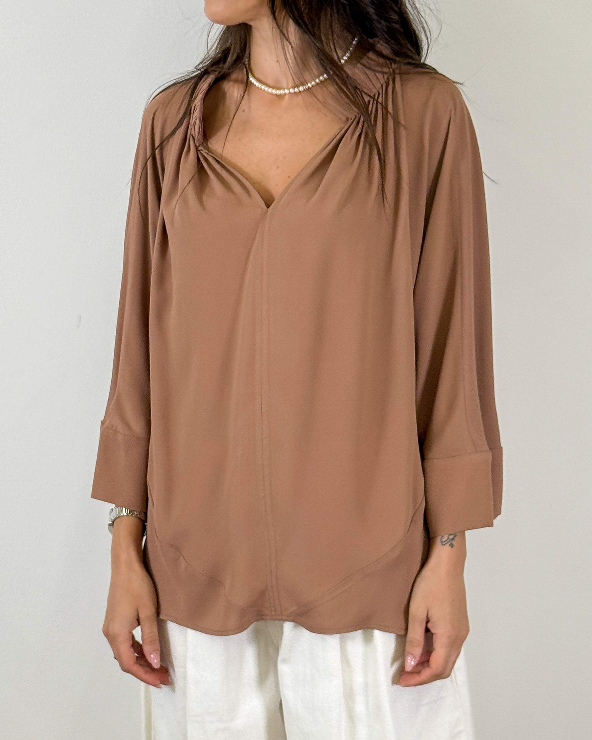Blusa Fluida con Scollo Drappeggiato - Rosa antico | MeiMeiJ