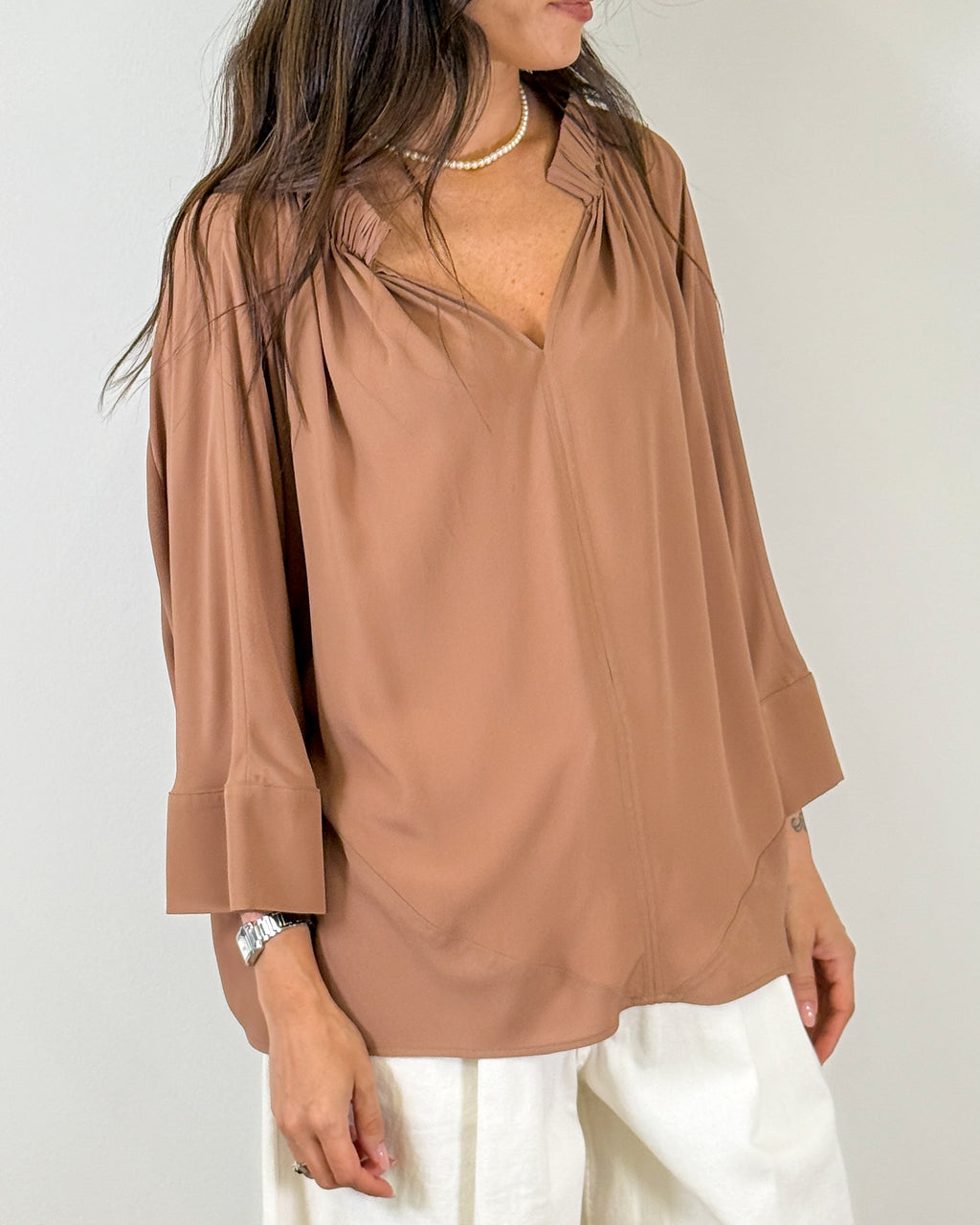 Blusa Fluida con Scollo Drappeggiato - Rosa antico | MeiMeiJ