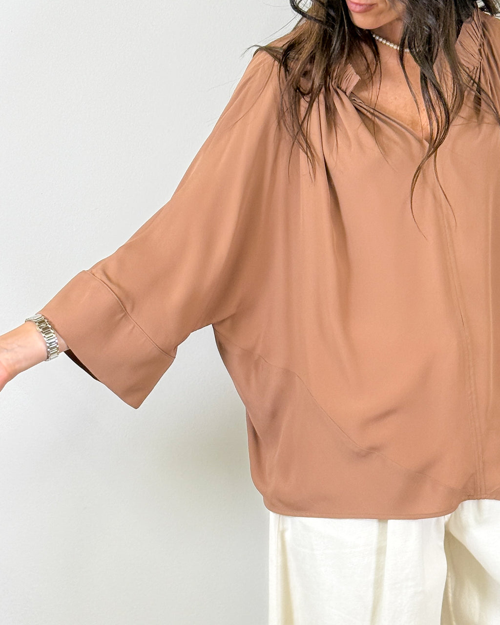 Blusa Fluida con Scollo Drappeggiato - Rosa antico | MeiMeiJ