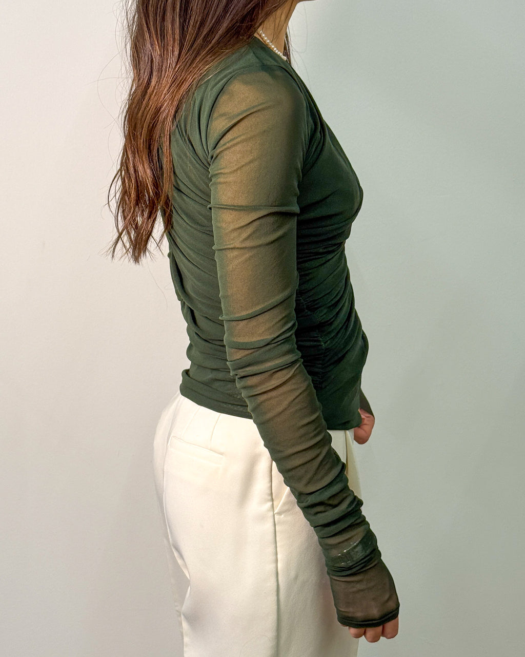 Top in Tulle Drappeggiato con Maniche Trasparenti - Verde Forest
