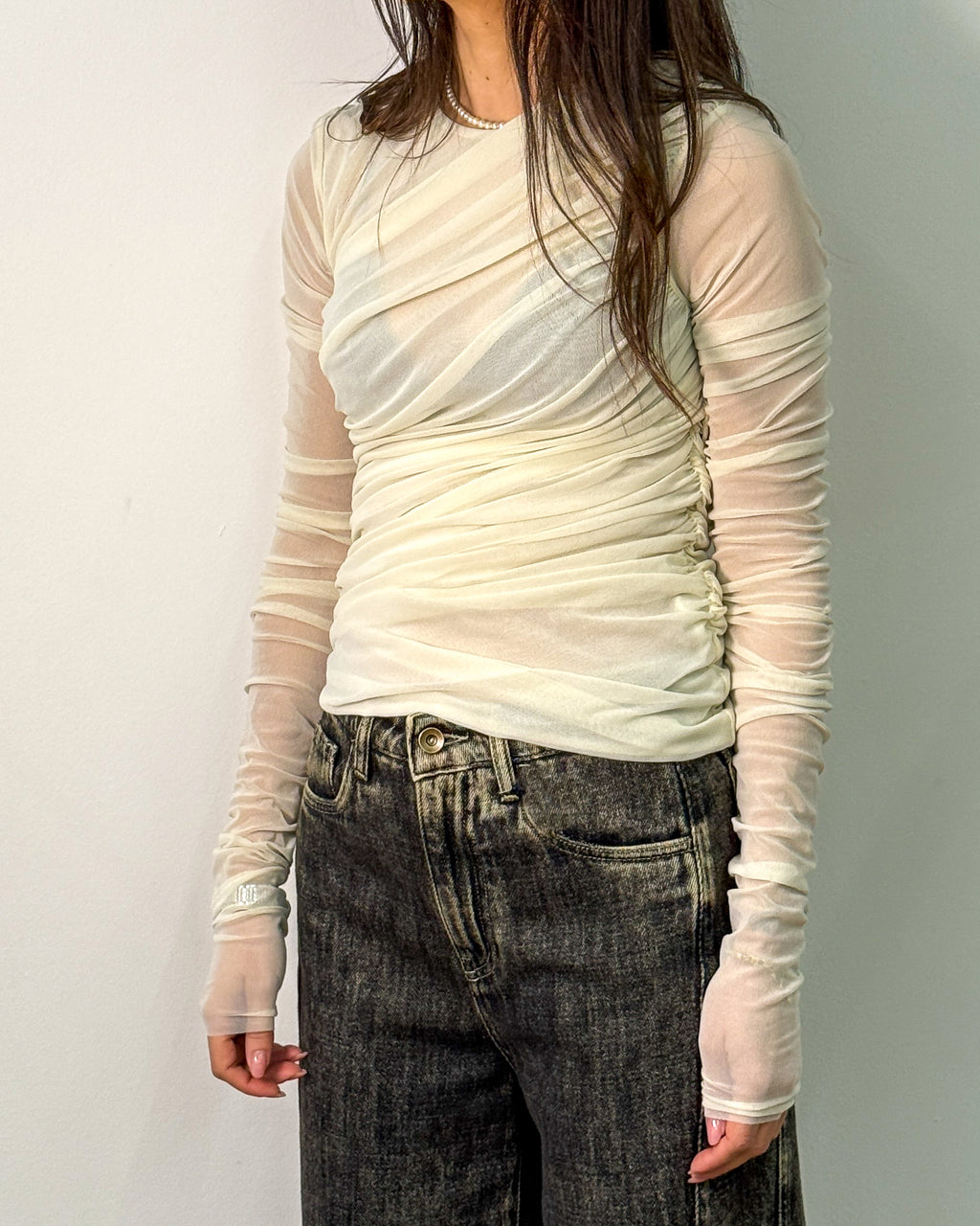 Top in Tulle Drappeggiato con Maniche Trasparenti - Panna
