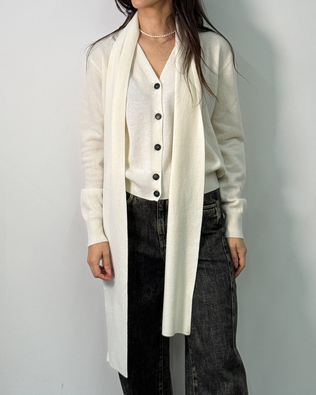 Cardigan in Lana Vergine e Cashmere con Sciarpa - Bianco Sugar