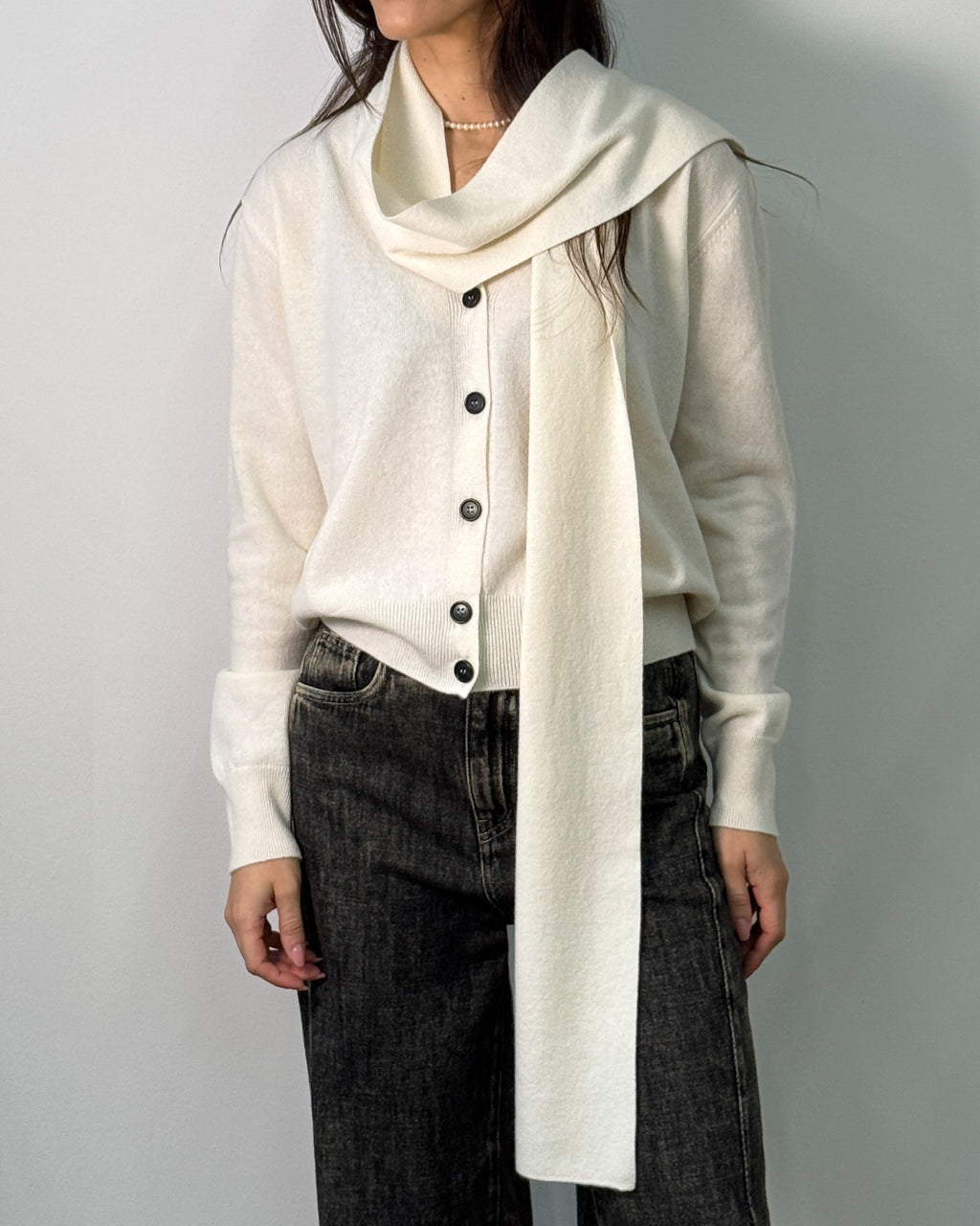 Cardigan in Lana Vergine e Cashmere con Sciarpa - Bianco Sugar