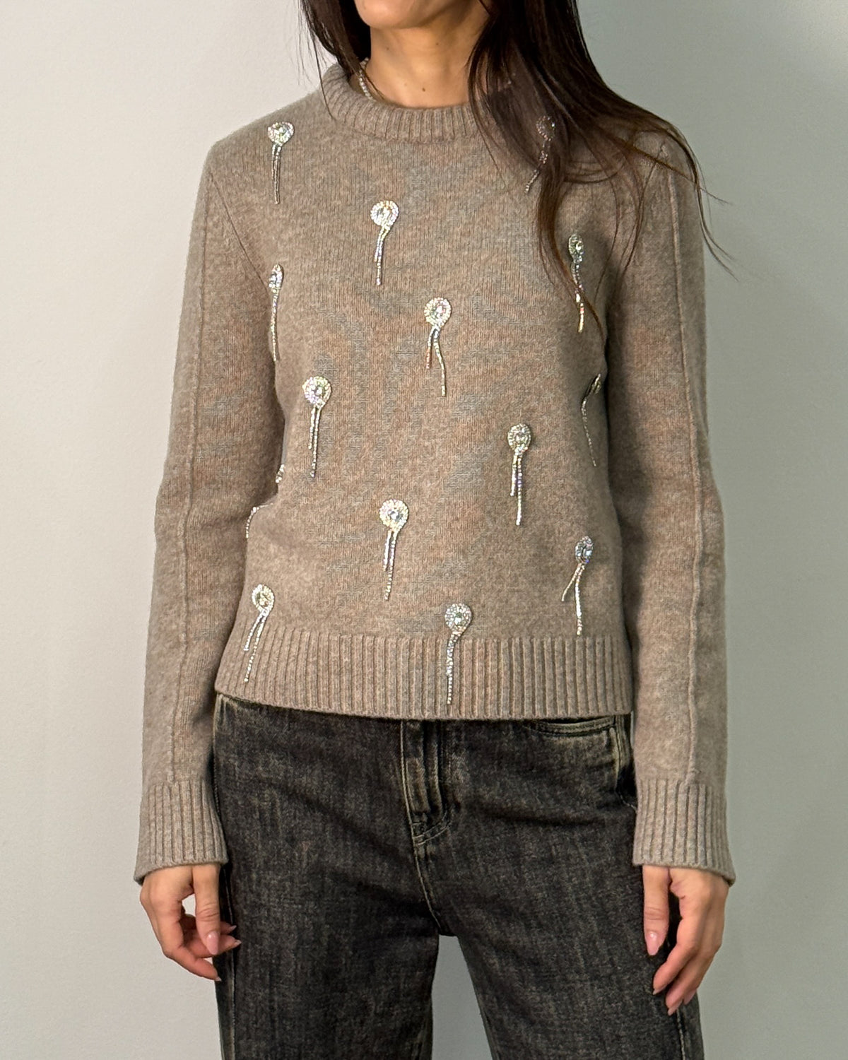 Maglia Girocollo in Pura Lana con Ricami Strass - Oatmeal