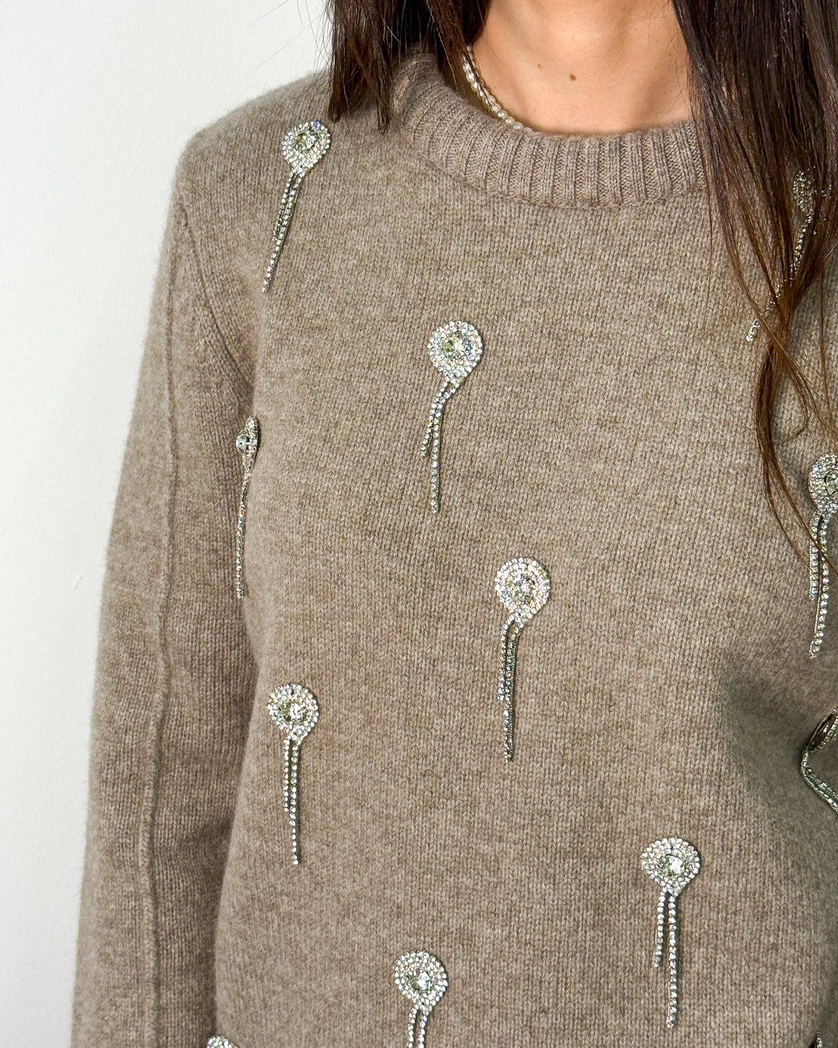 Maglia Girocollo in Pura Lana con Ricami Strass - Oatmeal