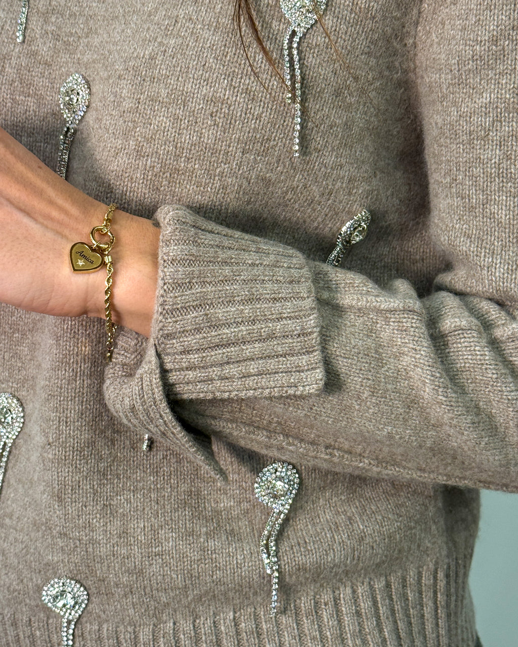 Maglia Girocollo in Pura Lana con Ricami Strass - Oatmeal