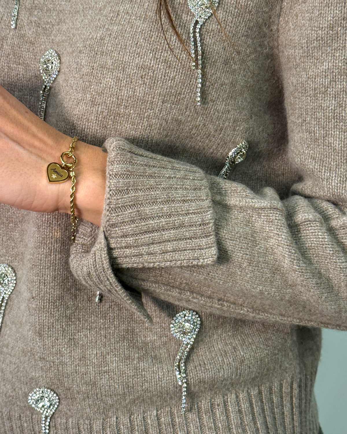 Maglia Girocollo in Pura Lana con Ricami Strass - Oatmeal