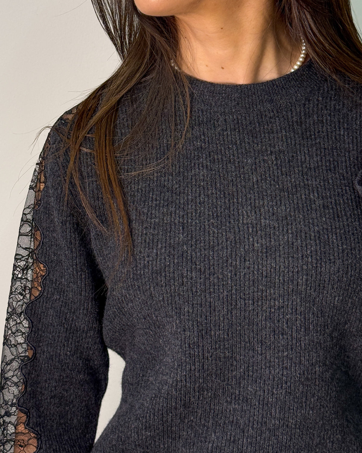 Maglia Girocollo in Pura Lana con Inserti in Pizzo - Antracite