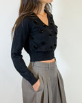 Cardigan Corto in Lana con Fiori di Paillettes - Nero | MEIMEIJ