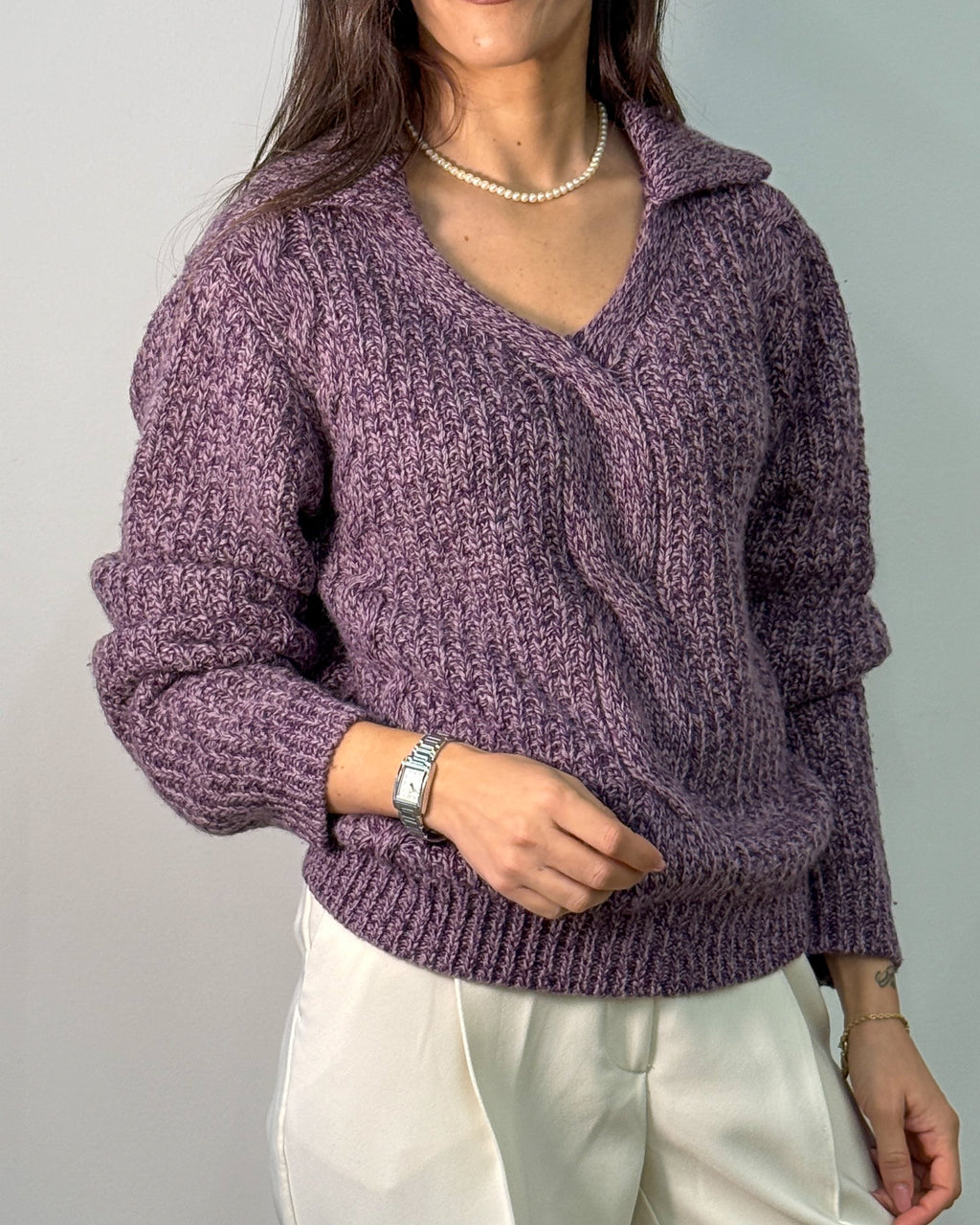 Maglia con Colletto e Scollo a V a Trecce in Misto Lana - Viola Melange