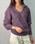 Maglia con Colletto e Scollo a V a Trecce in Misto Lana - Viola Melange