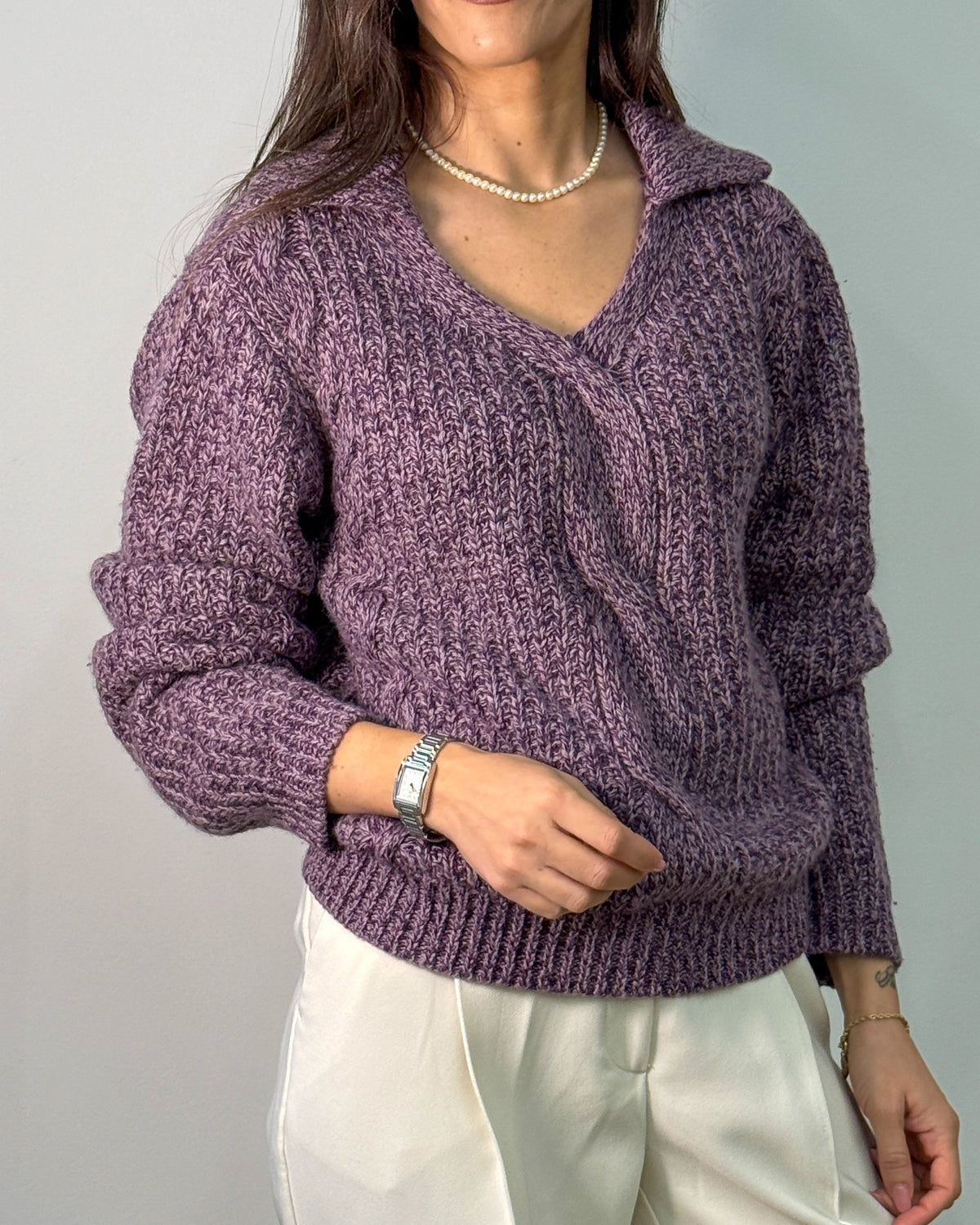Maglia con Colletto e Scollo a V a Trecce in Misto Lana - Viola Melange