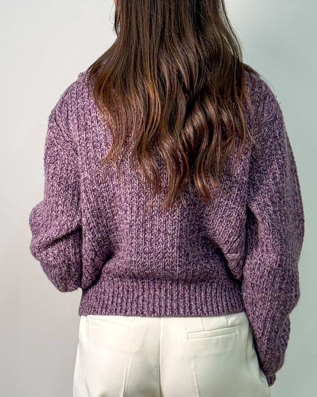 Maglia con Colletto e Scollo a V a Trecce in Misto Lana - Viola Melange