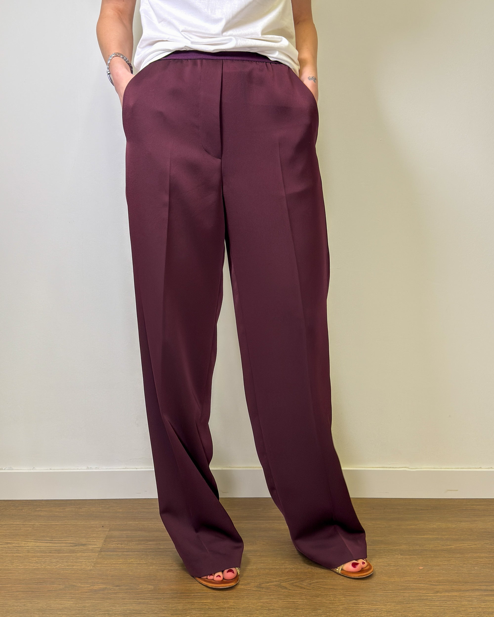 Pantalone Palazzo Fluido con Elastico in Vita - Bordeaux