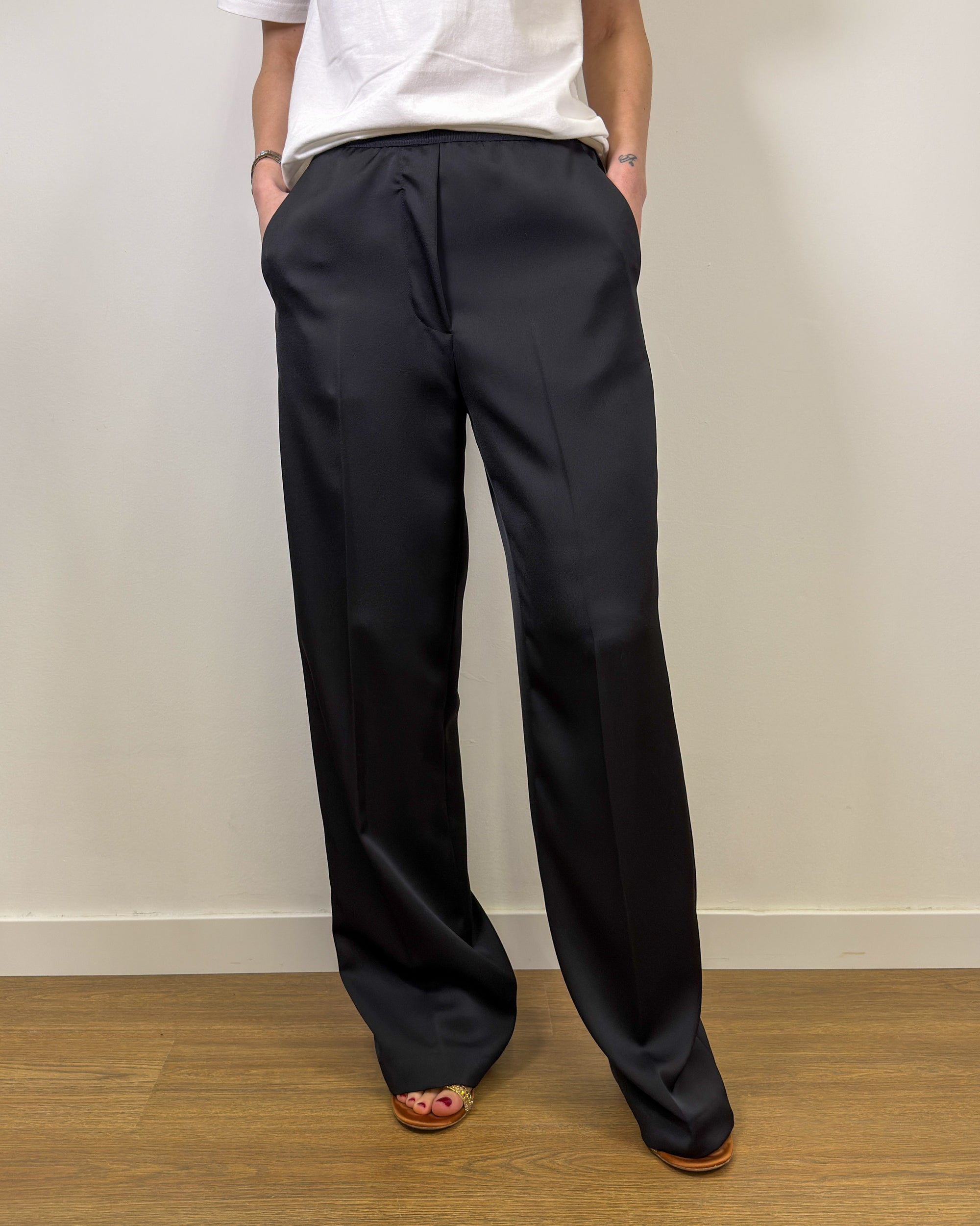 Pantalone Palazzo Fluido con Elastico in Vita - Nero