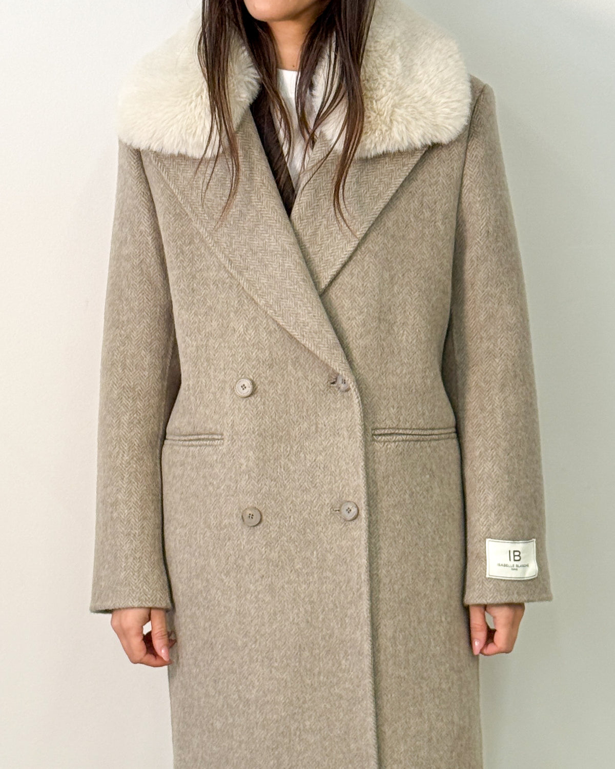 Cappotto Lungo Doppiopetto in Lana e Alpaca con Collo in Ecopelliccia - Oatmeal