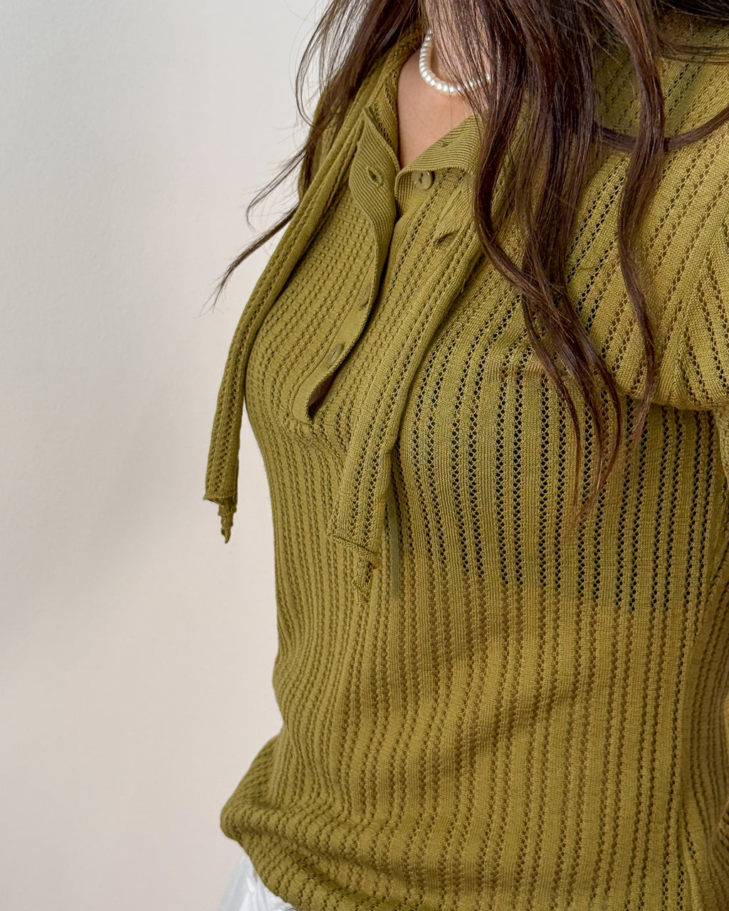 Polo in Maglia Traforata di Tencel con Collo e Bottoni - Verde Oliva | ISABELLE BLANCHE
