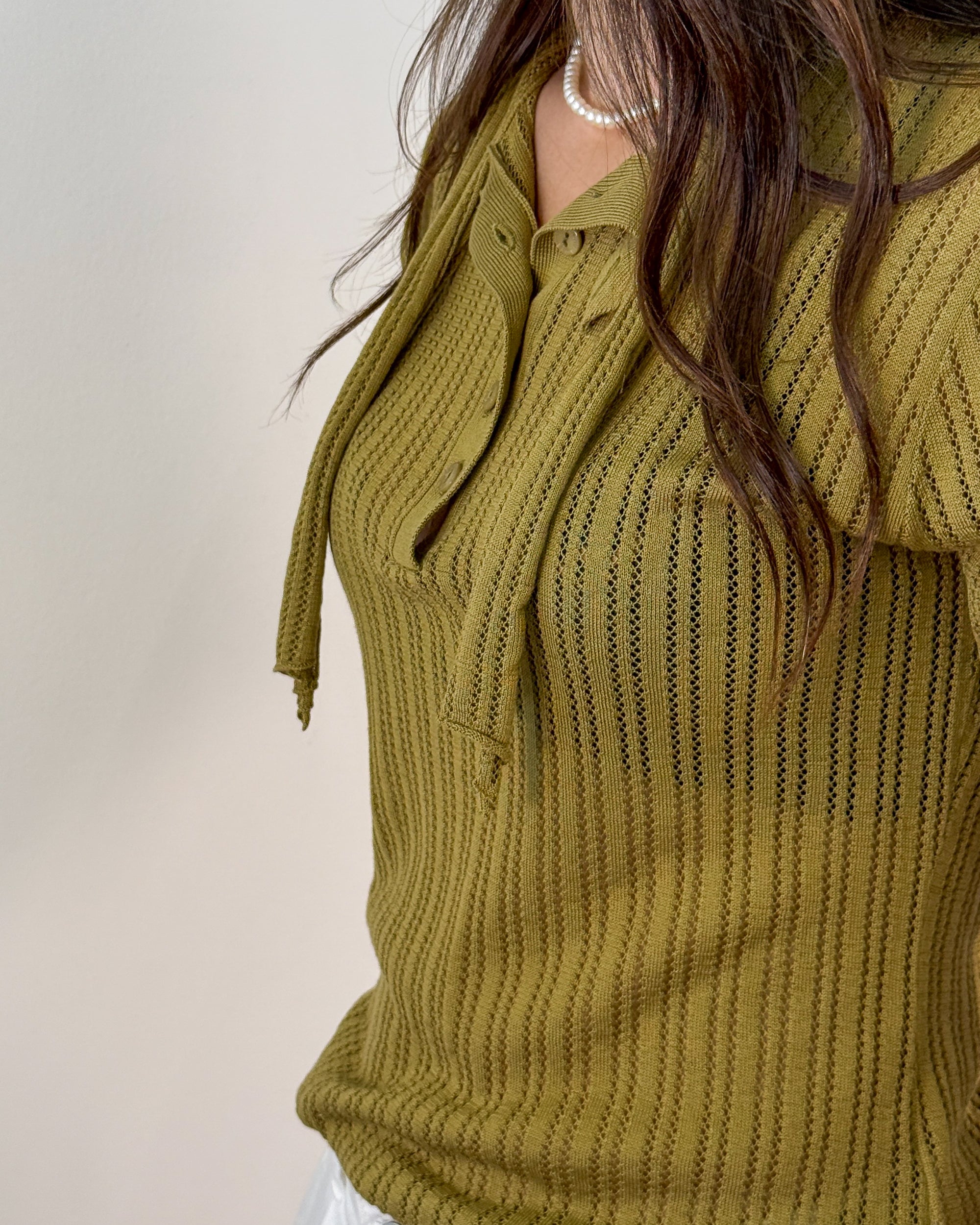 Polo in Maglia Traforata di Tencel con Collo e Bottoni - Verde Oliva | ISABELLE BLANCHE