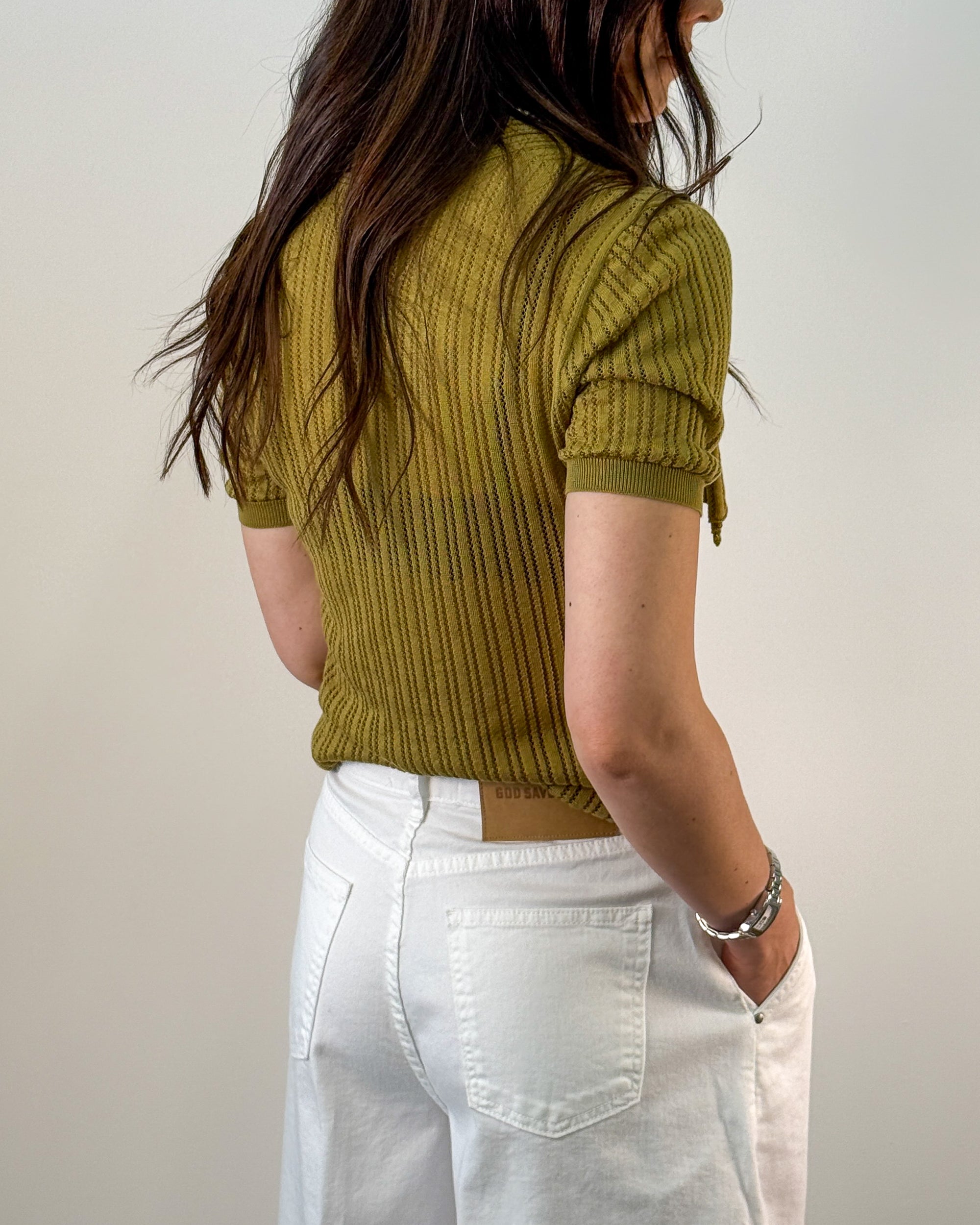 Polo in Maglia Traforata di Tencel con Collo e Bottoni - Verde Oliva | ISABELLE BLANCHE