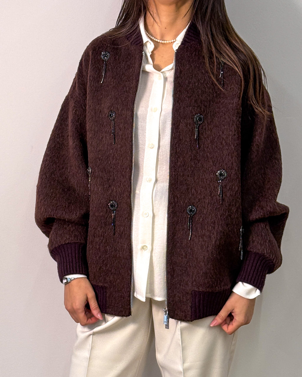 Bomber in Lana e Alpaca con Applicazioni Gioiello - Burgundy