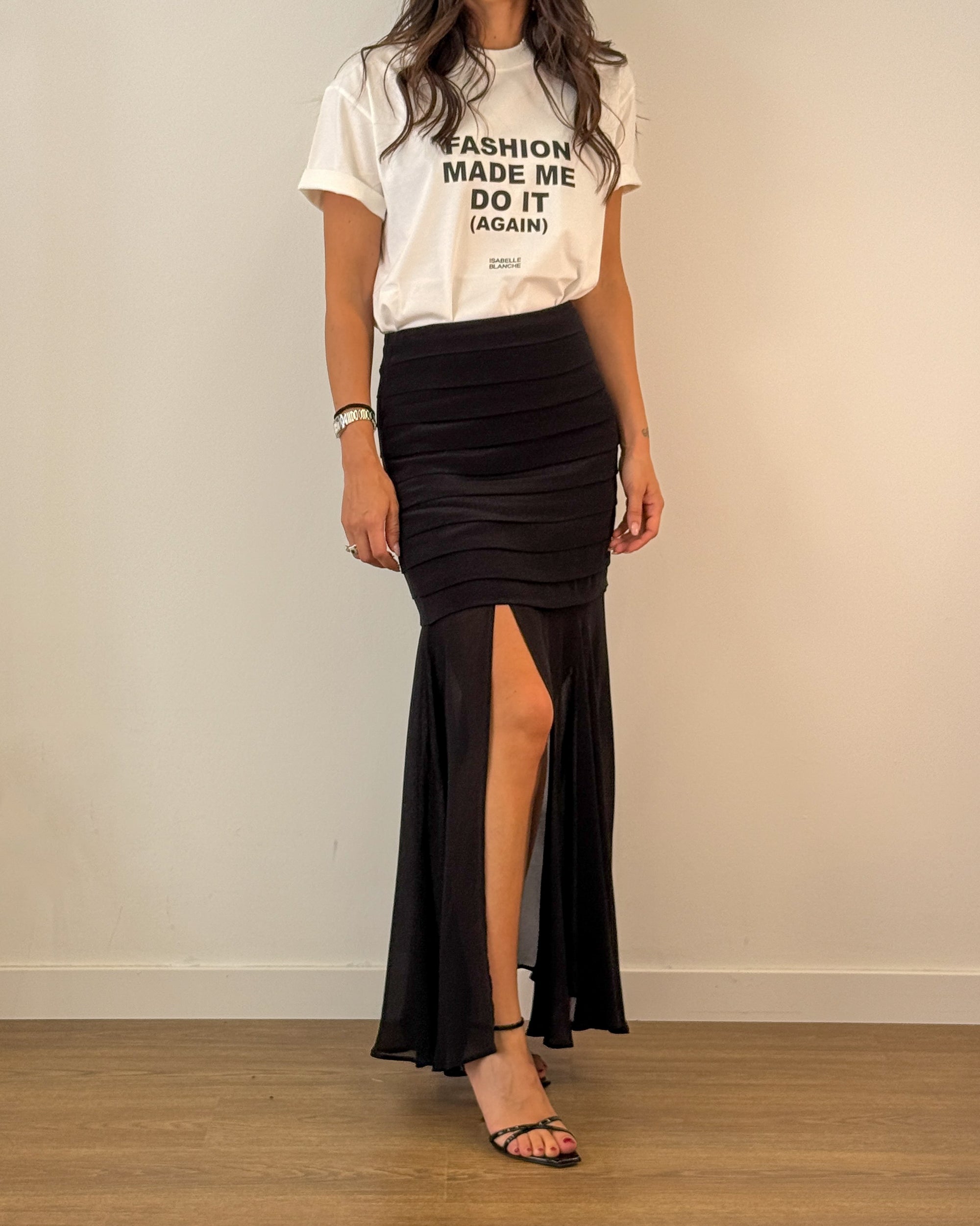 Gonna Lunga in Viscosa a Fasce con Spacco - Nero | ISABELLE BLANCHE PARIS