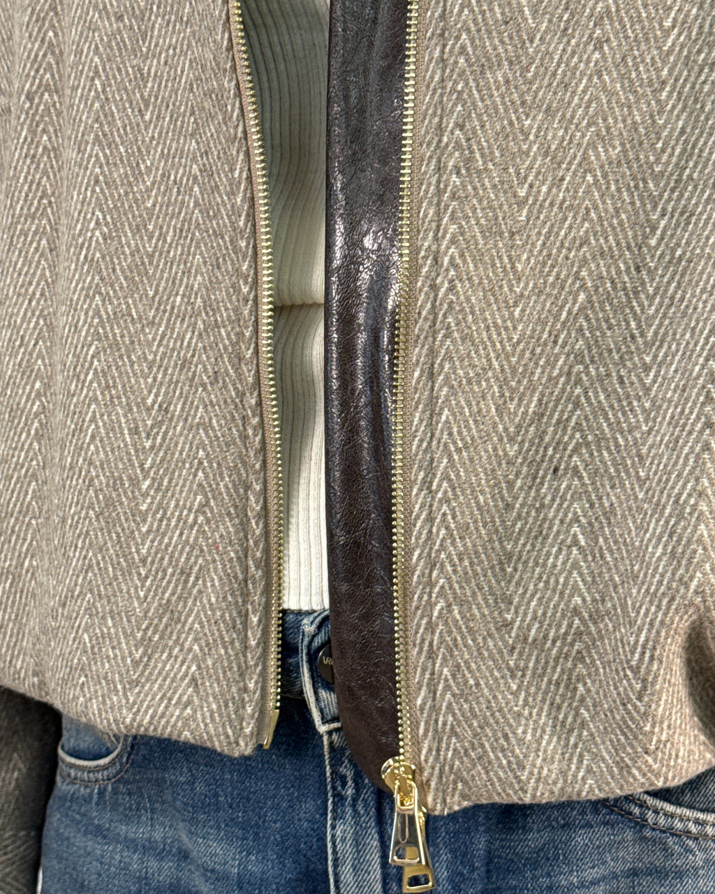 Bomber Spinato in Lana con Collo a Contrasto - Tortora | HANAMI D'OR