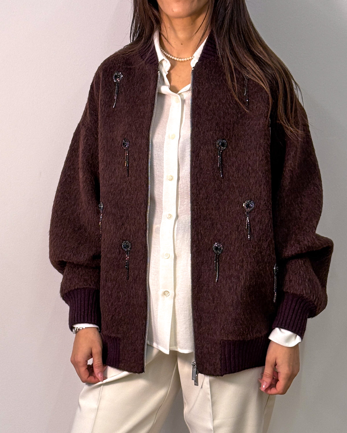 Bomber in Lana e Alpaca con Applicazioni Gioiello - Burgundy