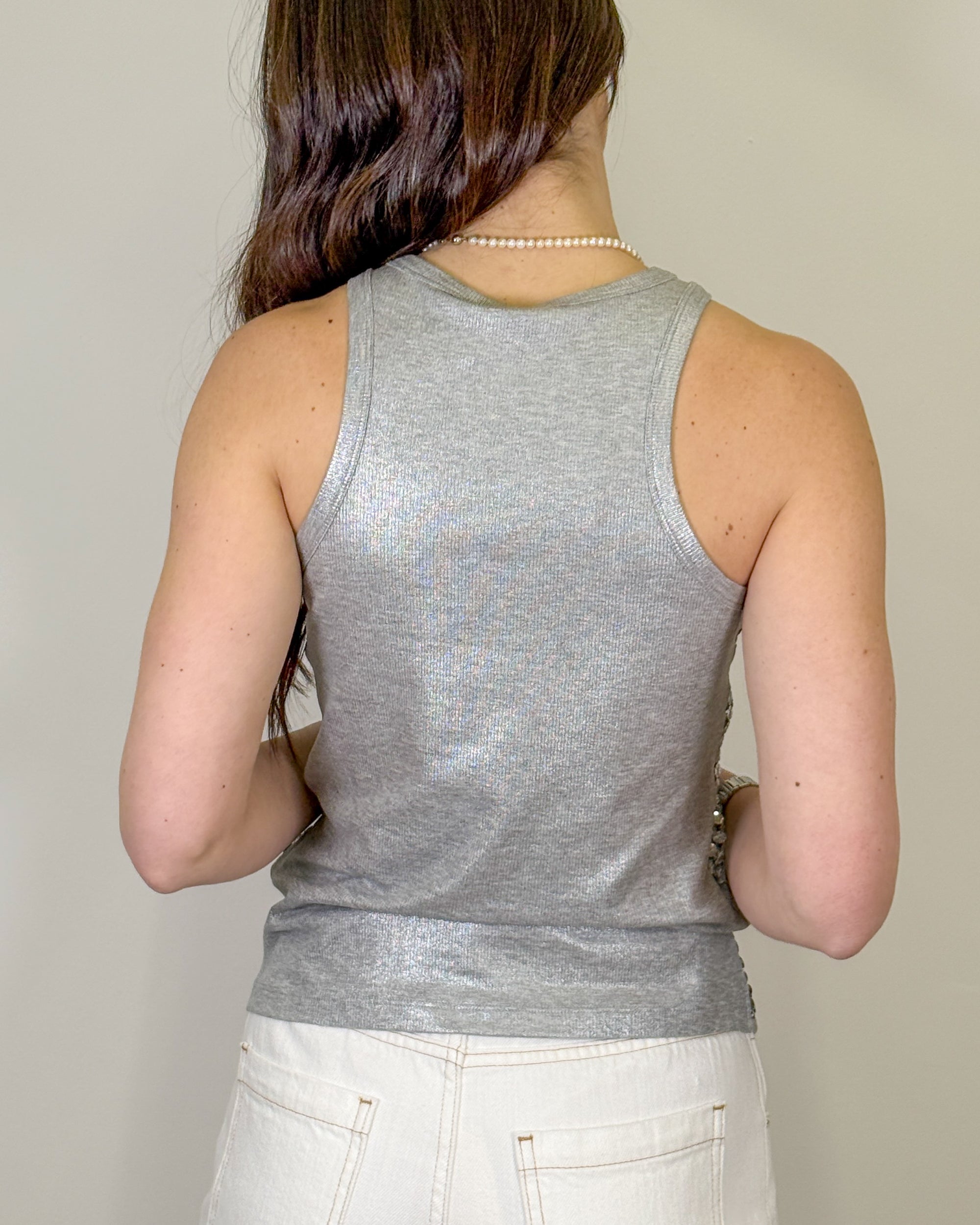 Canotta a Costina Laminata con Paillettes - Silver