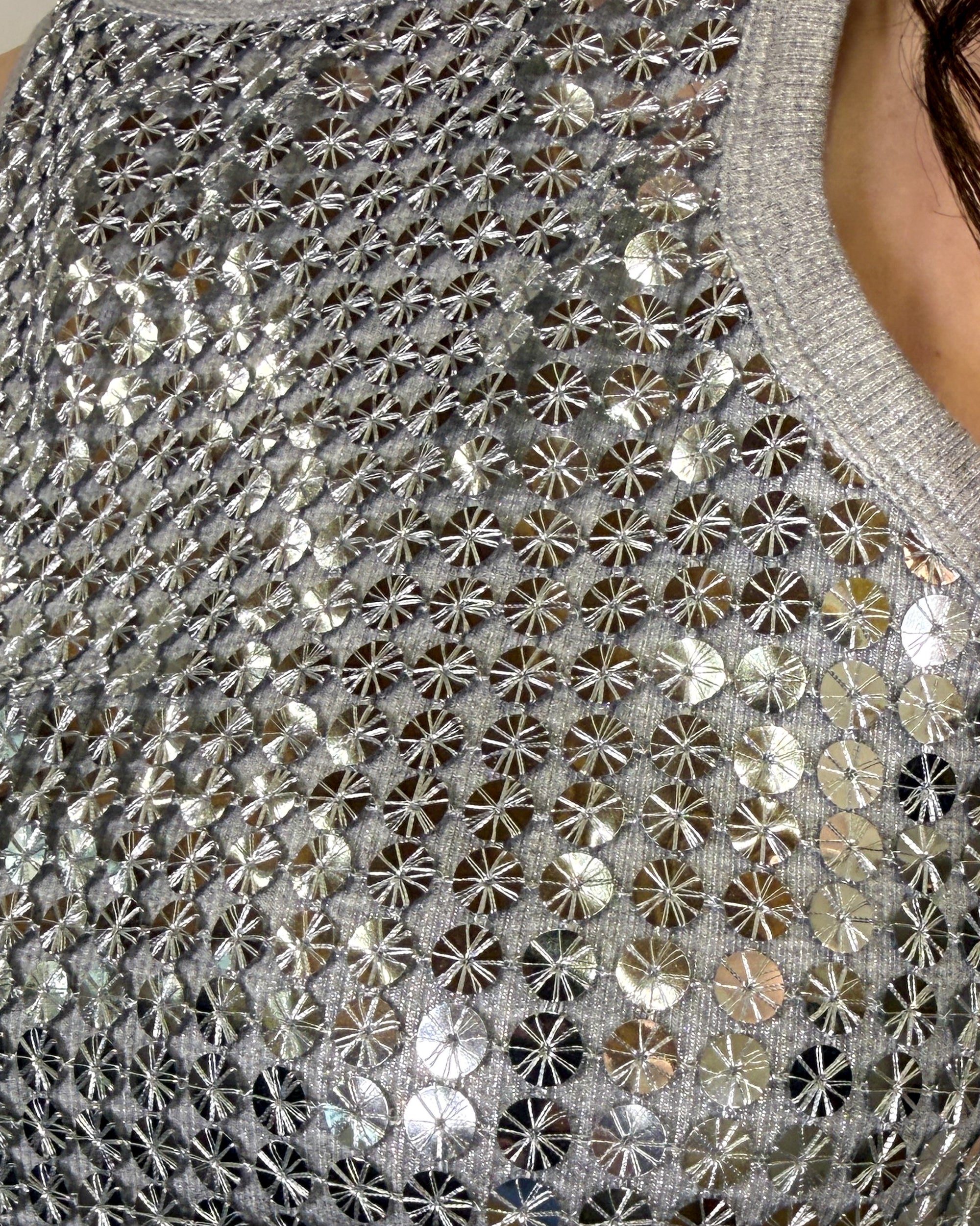 Canotta a Costina Laminata con Paillettes - Silver
