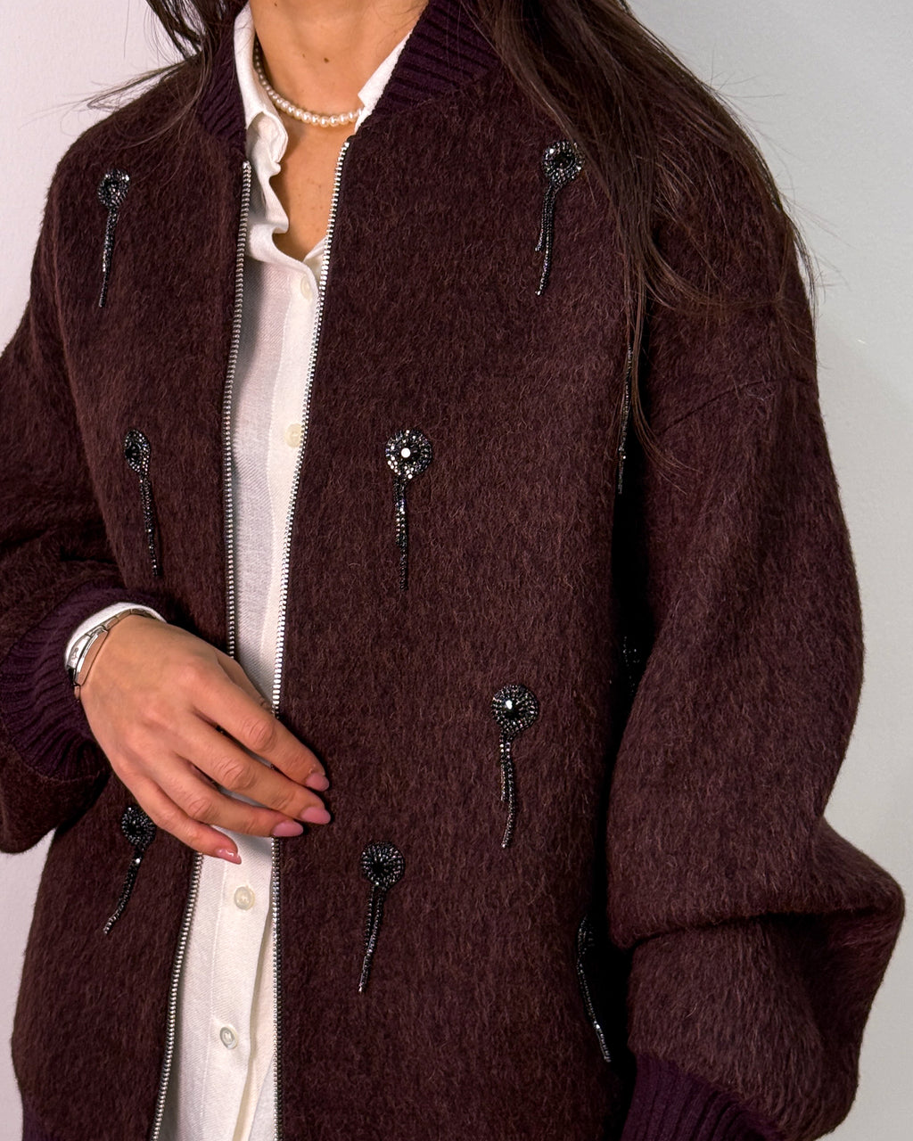 Bomber in Lana e Alpaca con Applicazioni Gioiello - Burgundy